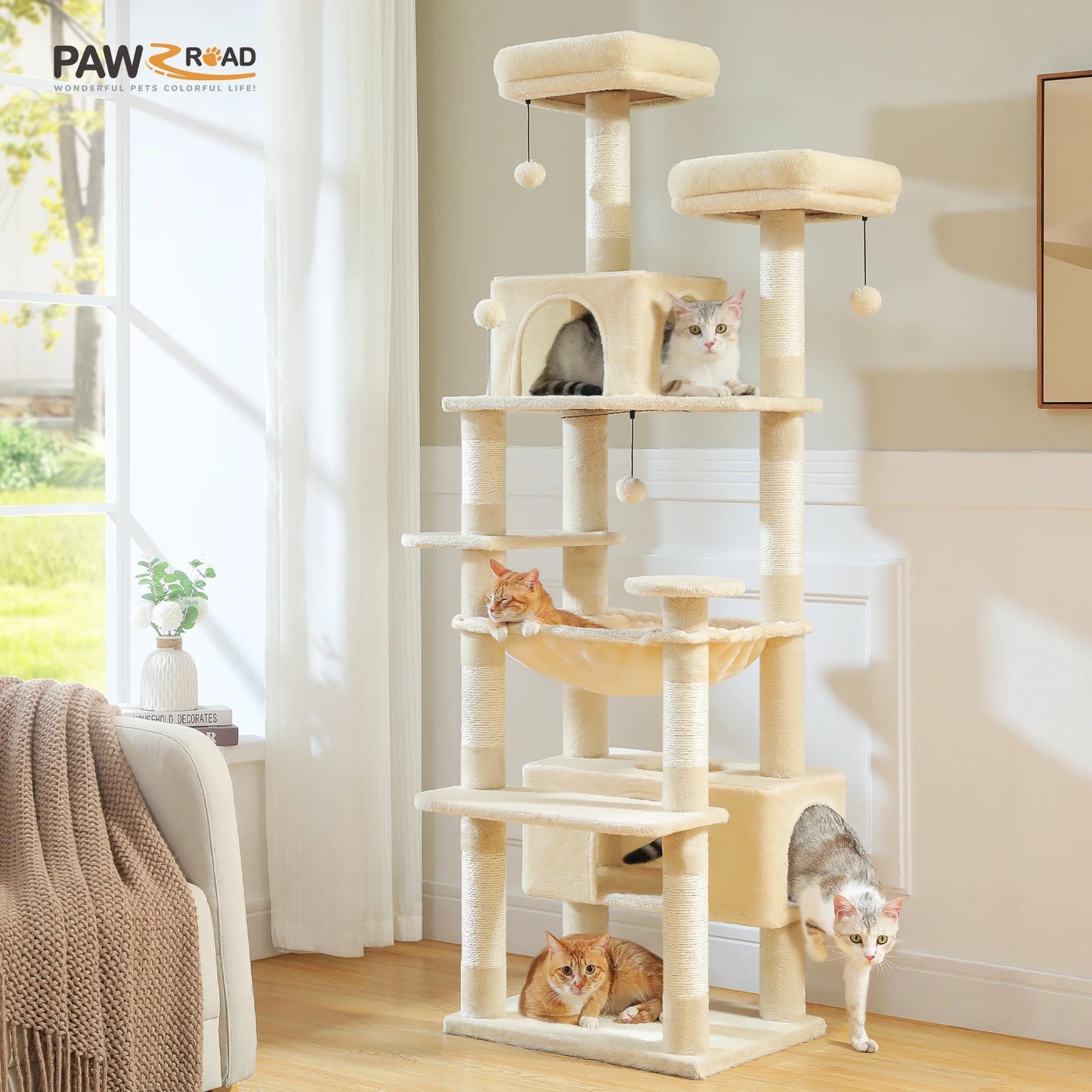 PAWZ Road 73"Cat Tree for Large Cats Multi Level Play Tower Condo 7 Sisal Cat Scratching Posts,Dark Gray