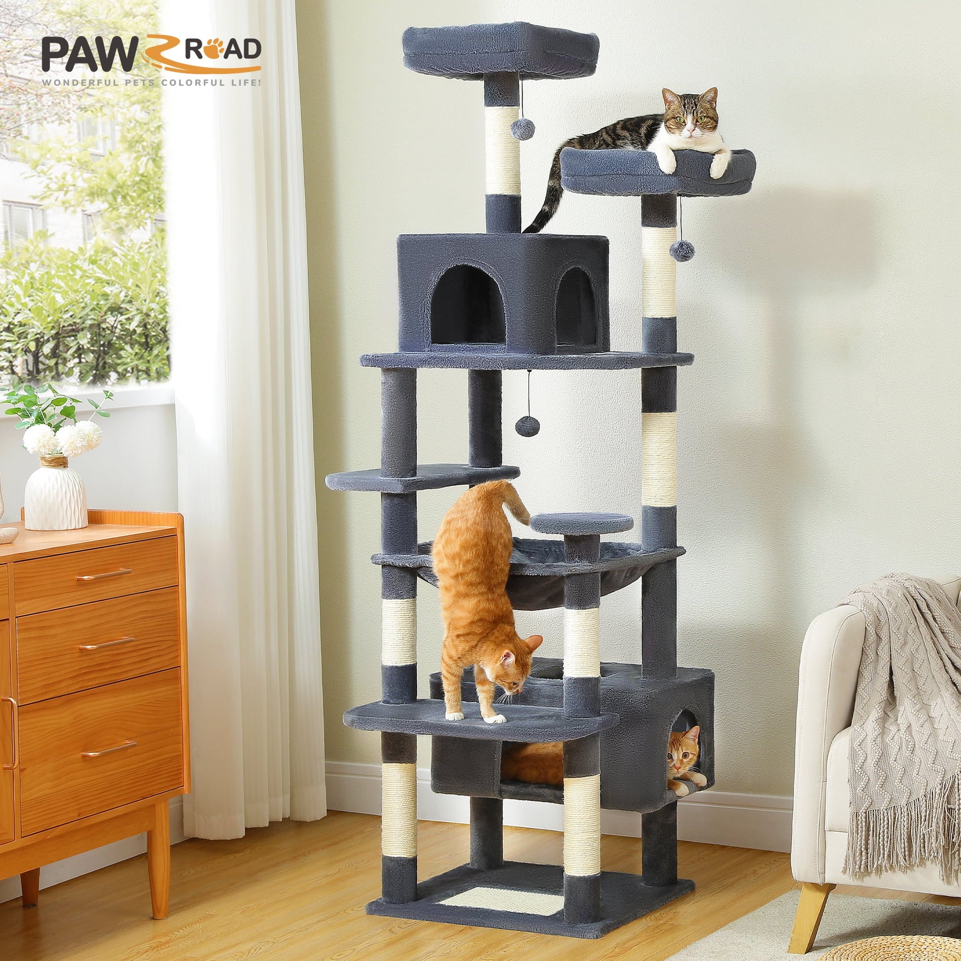 PAWZ Road 73"Cat Tree for Large Cats Multi Level Play Tower Condo 7 Sisal Cat Scratching Posts,Dark Gray
