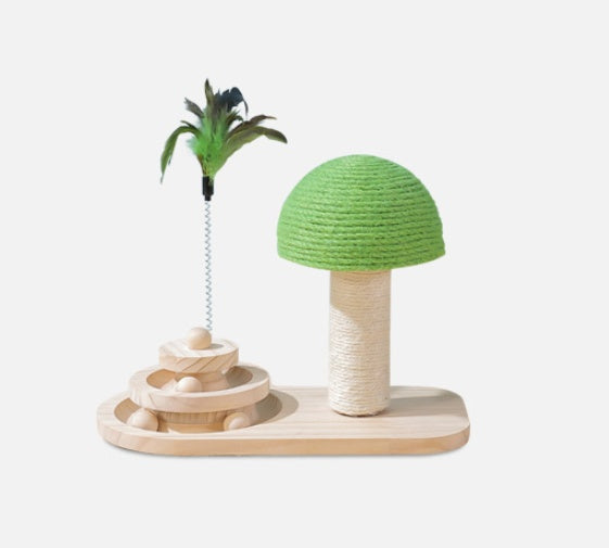 Interactive Mushroom Cat Scratching Post with Ball Track | Wooden Sisal Cat Toy
