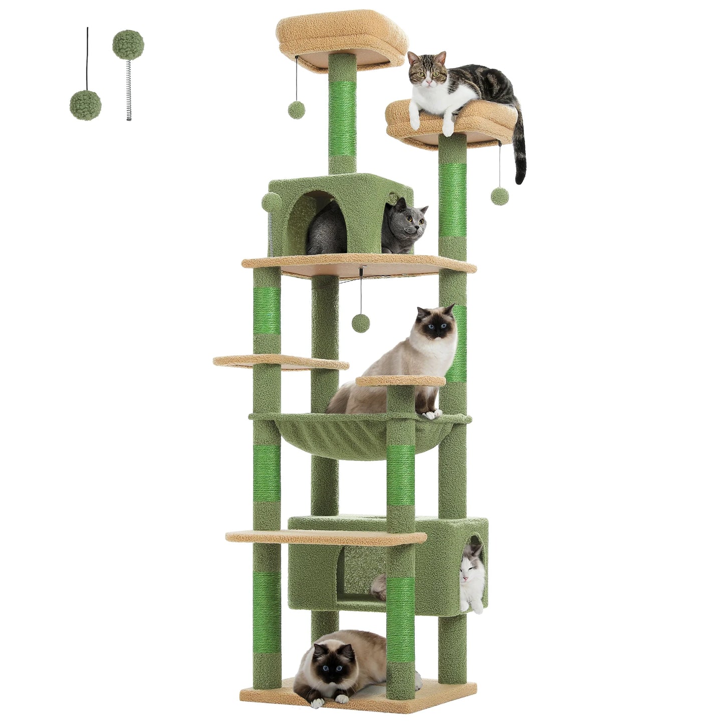 PAWZ Road 73"Cat Tree for Large Cats Multi Level Play Tower Condo 7 Sisal Cat Scratching Posts,Green
