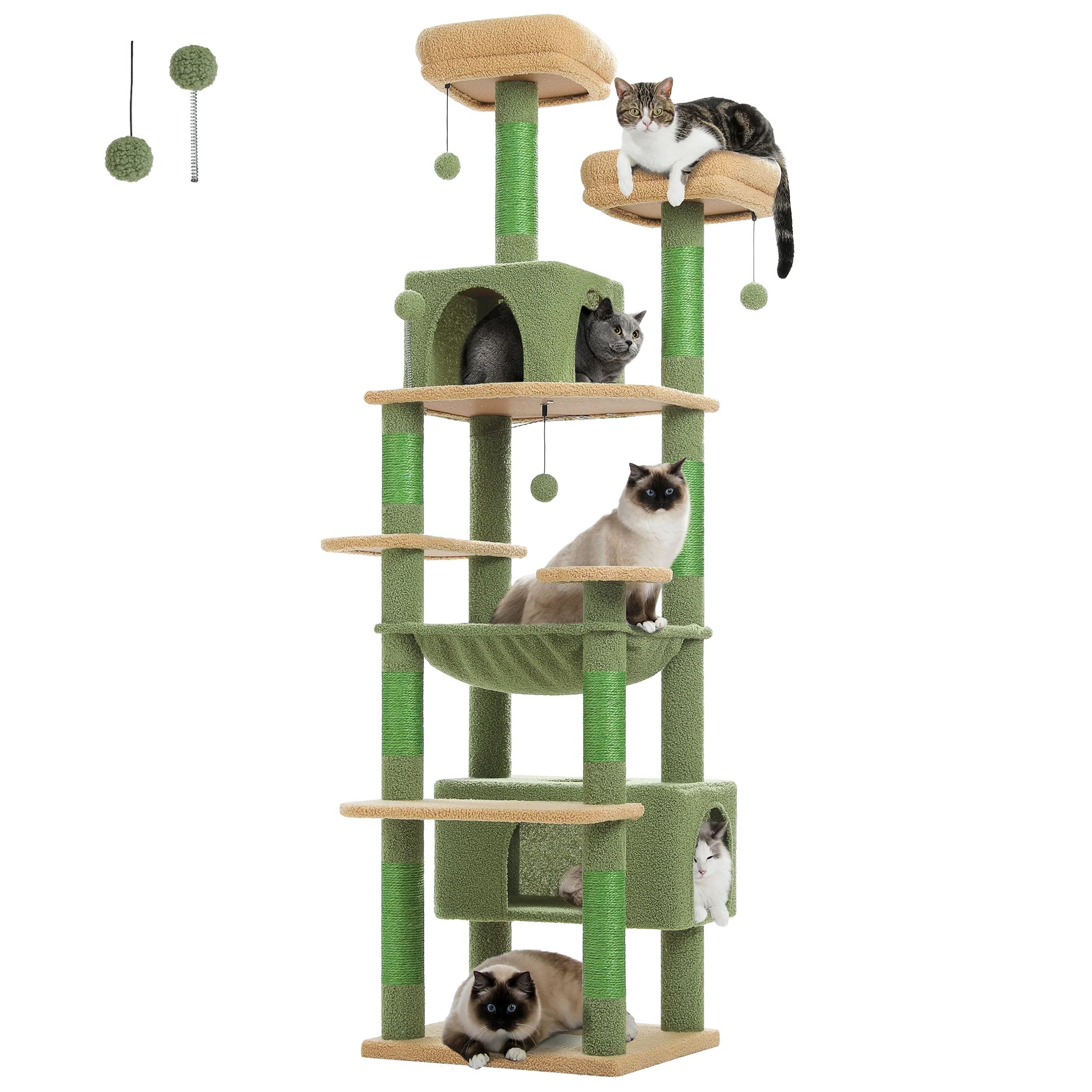 PAWZ Road 73"Cat Tree for Large Cats Multi Level Play Tower Condo 7 Sisal Cat Scratching Posts,Green