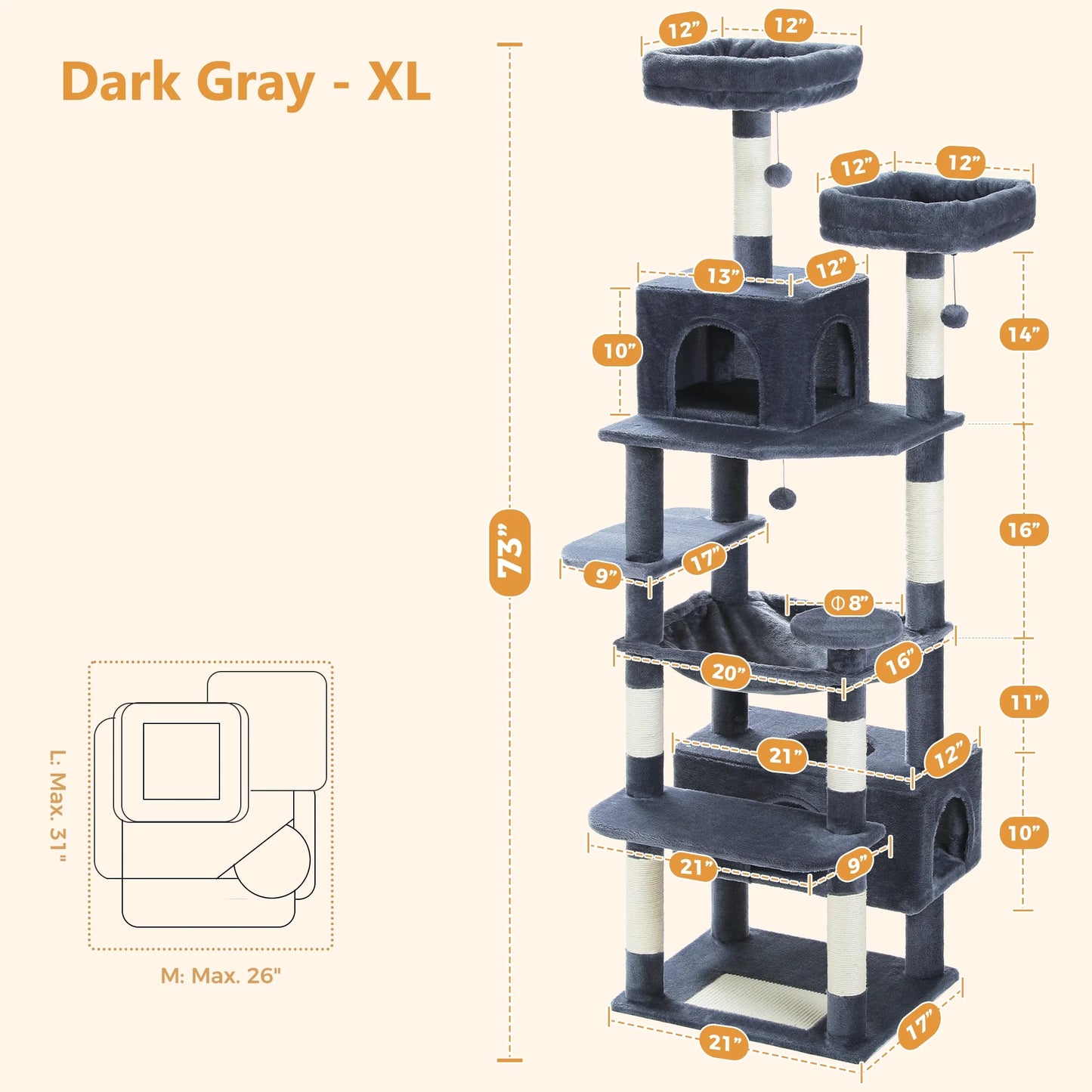 PAWZ Road 73"Cat Tree for Large Cats Multi Level Play Tower Condo 7 Sisal Cat Scratching Posts,Dark Gray