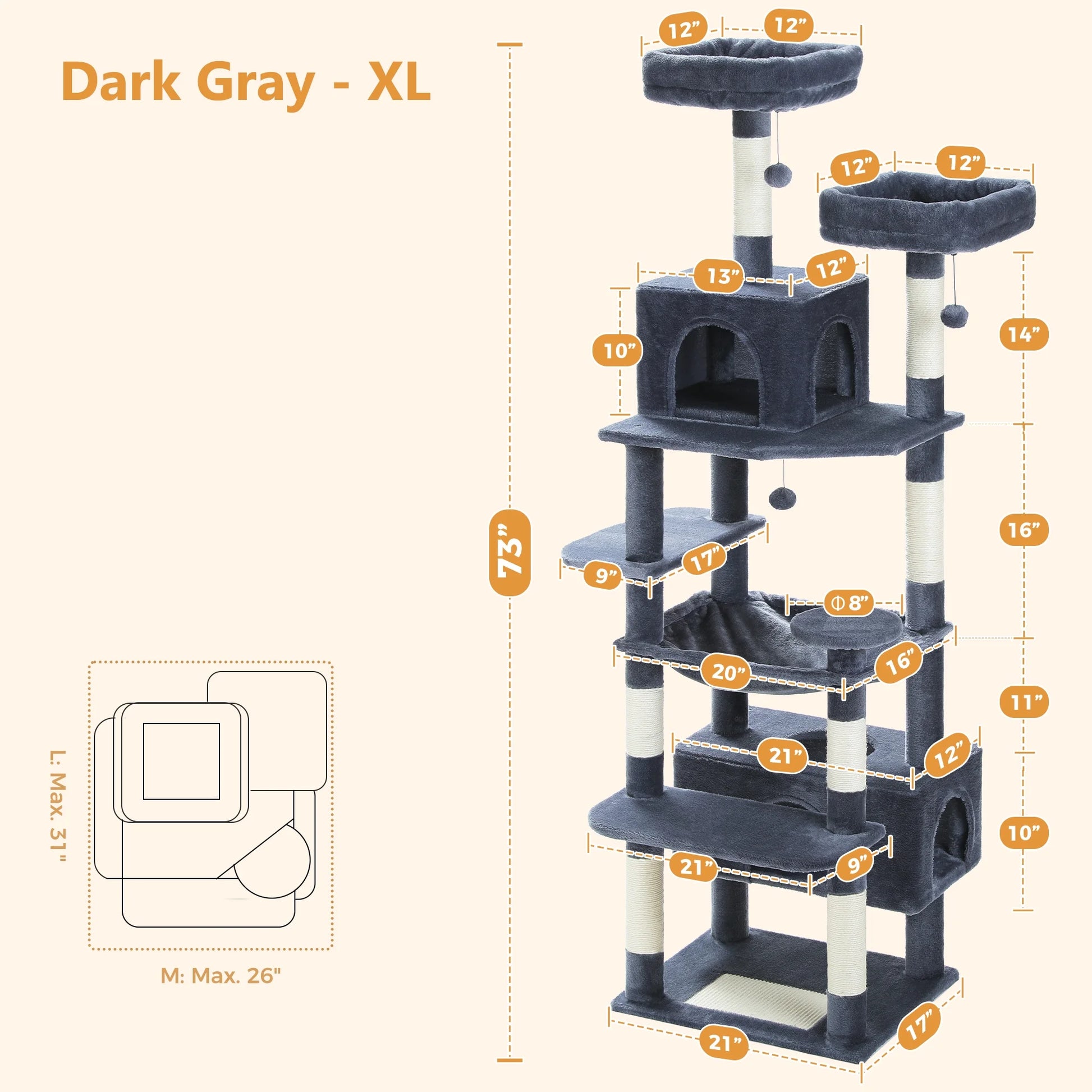 PAWZ Road 73"Cat Tree for Large Cats Multi Level Play Tower Condo 7 Sisal Cat Scratching Posts,Dark Gray
