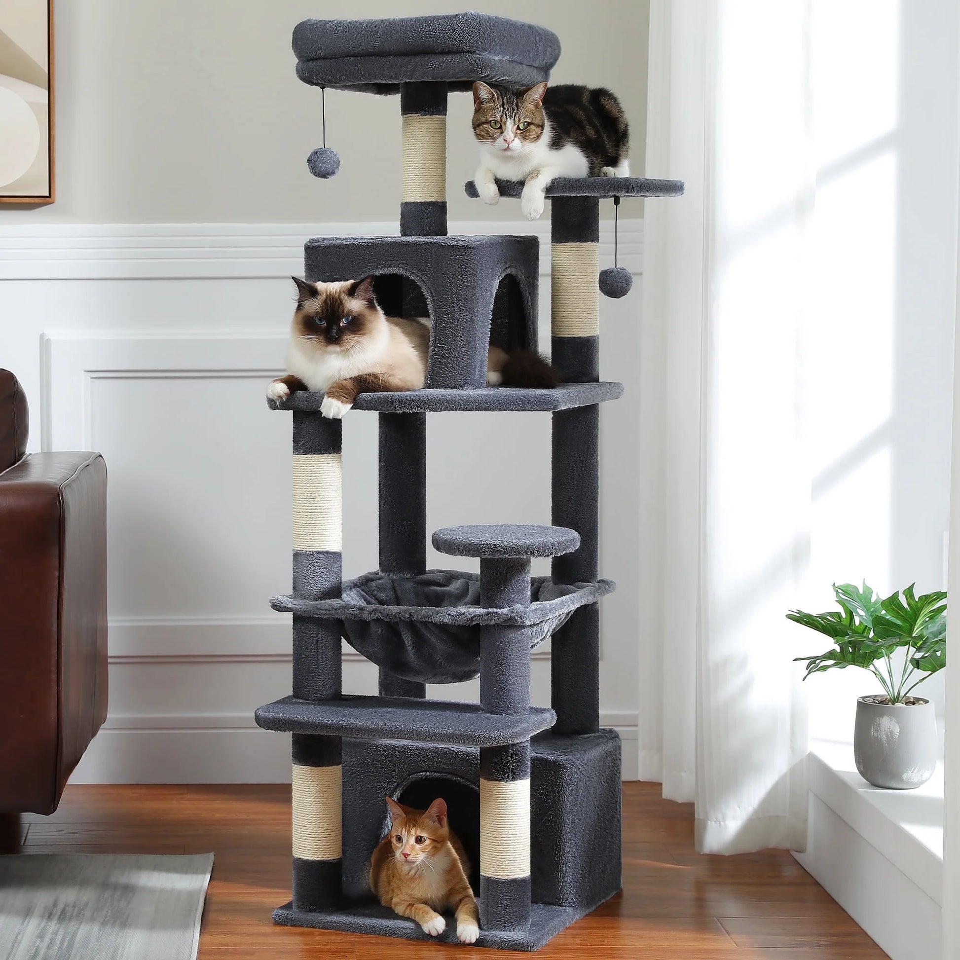 PAWZ Road 73"Cat Tree for Large Cats Multi Level Play Tower Condo 7 Sisal Cat Scratching Posts,Green