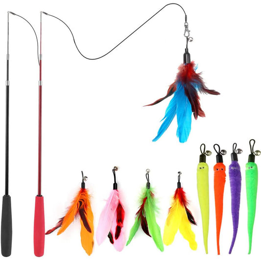 11-Piece Interactive Cat Wand Toy Set | Retractable Feather Teaser & Replacement Refills