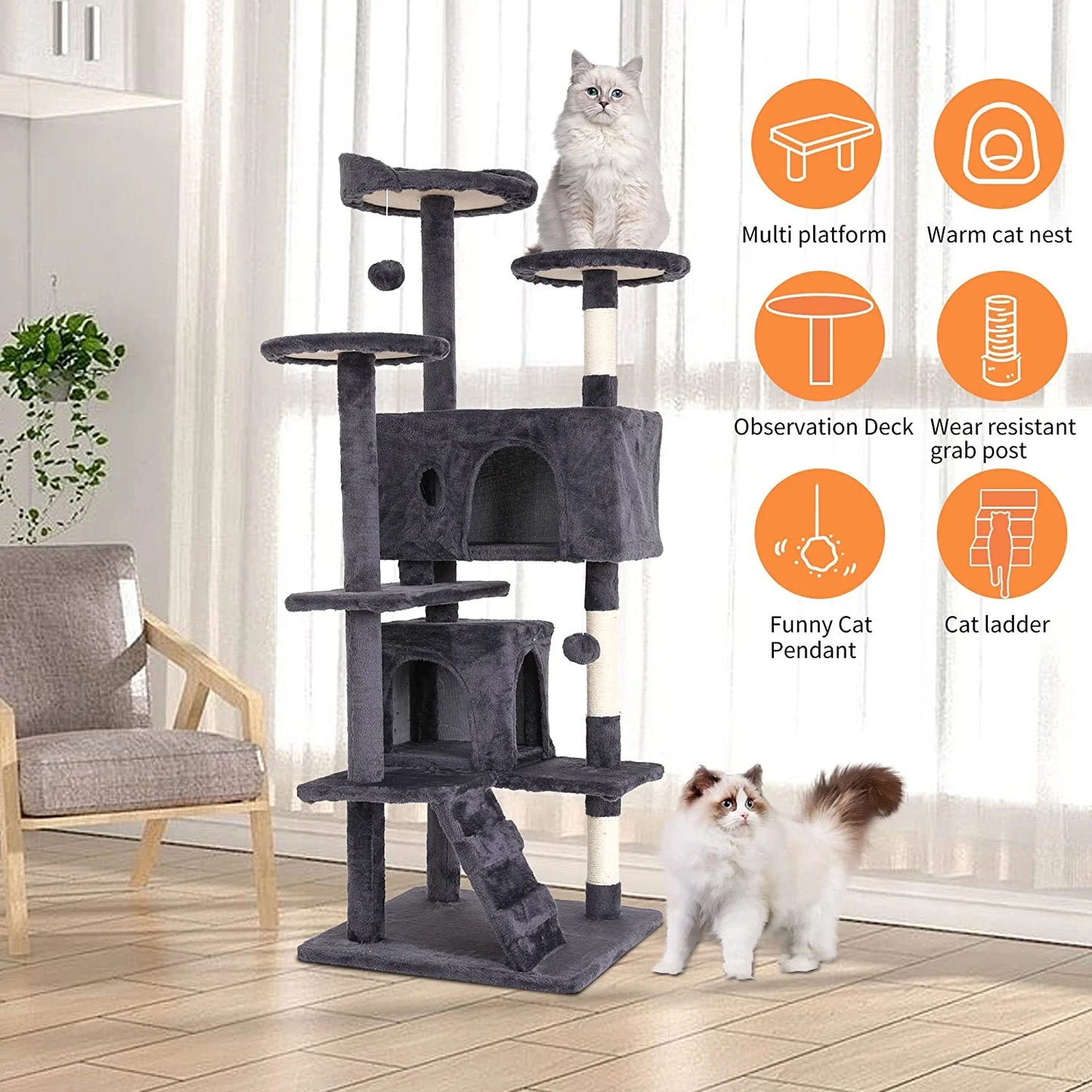 Bestpet 54In Cat Tree Tower with Cat Scratching Posts Stand House Cat Condo with Funny Toys Ashy