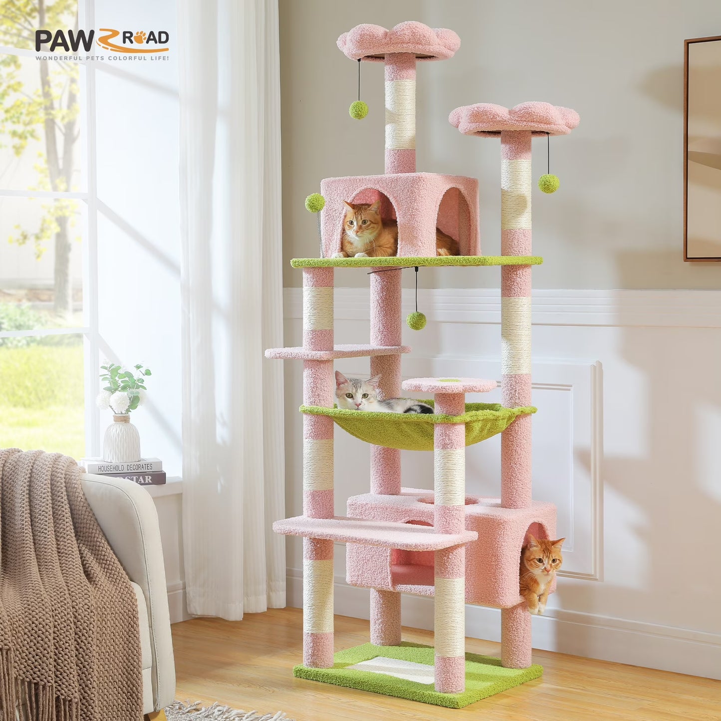PAWZ Road 73"Cat Tree for Large Cats Multi Level Play Tower Condo 7 Sisal Cat Scratching Posts,Dark Gray