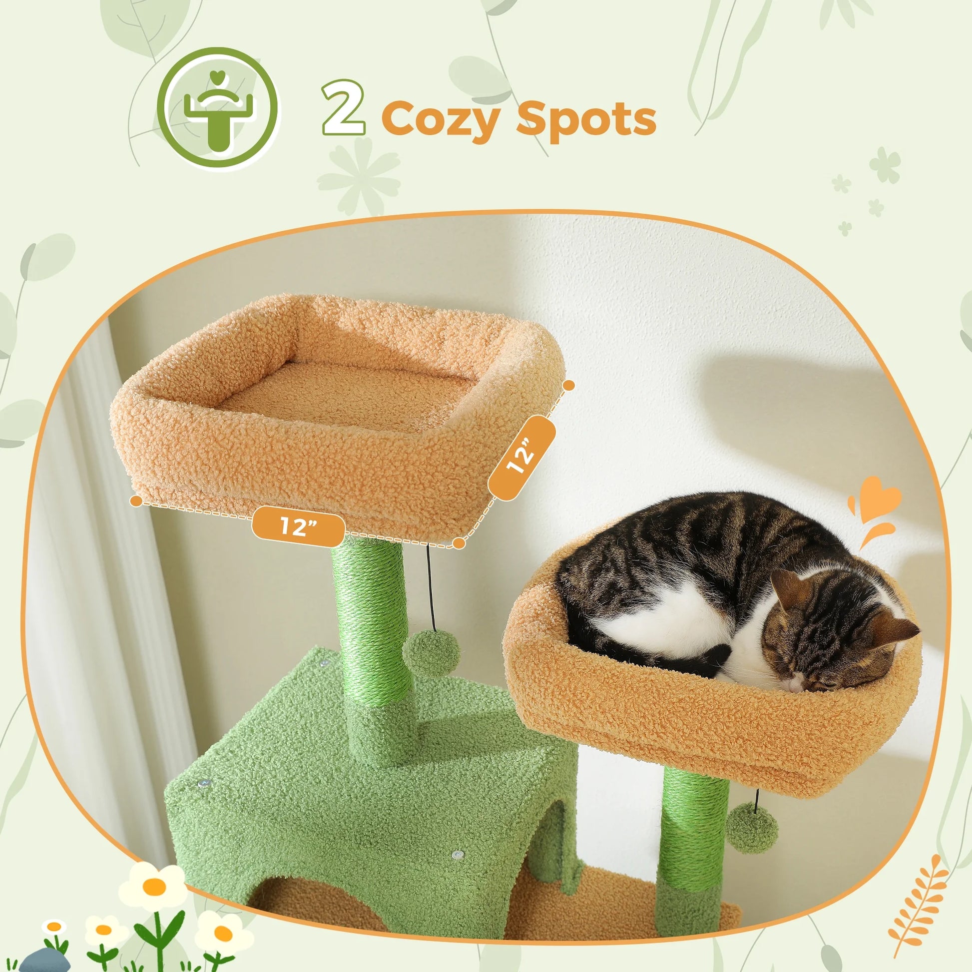 PAWZ Road 73"Cat Tree for Large Cats Multi Level Play Tower Condo 7 Sisal Cat Scratching Posts,Green