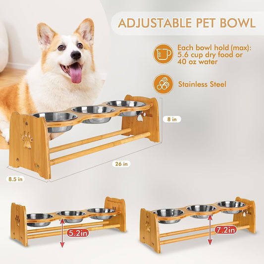 Elevated Dog Feeding Station with Stainless Steel Bowls (Triple Bowl Set)