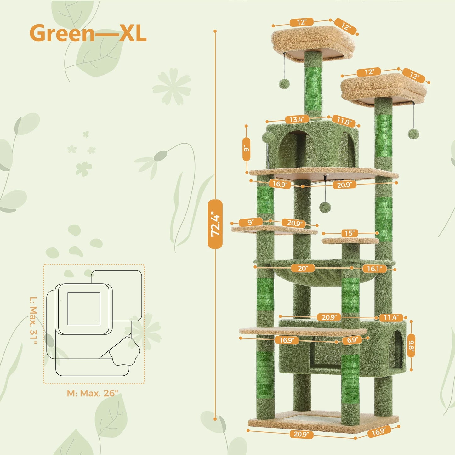 PAWZ Road 73"Cat Tree for Large Cats Multi Level Play Tower Condo 7 Sisal Cat Scratching Posts,Green