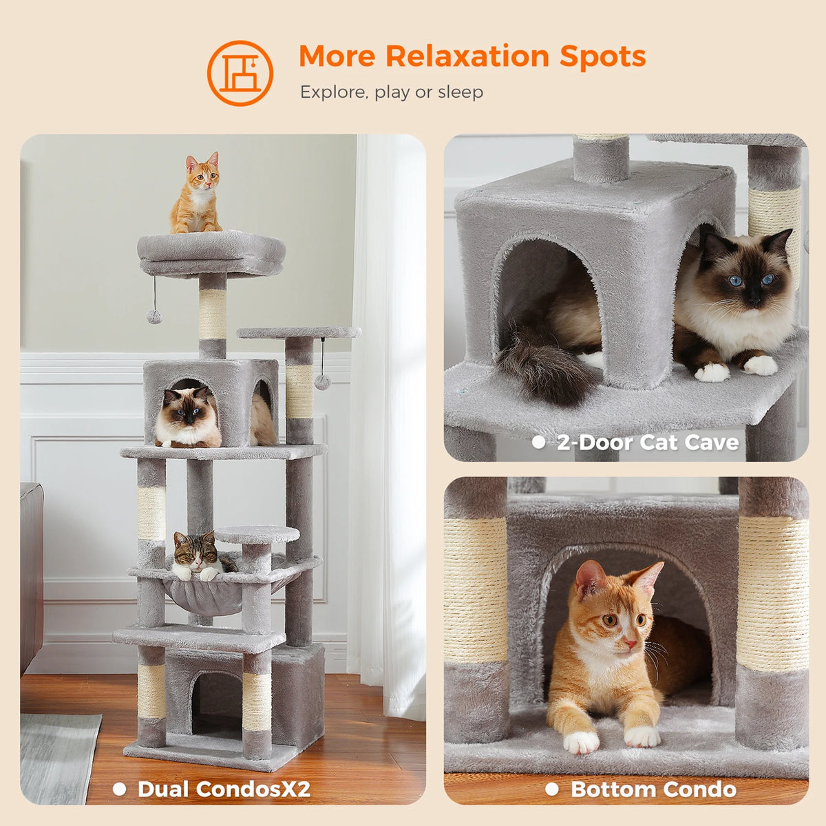 PAWZ Road Cat Tree Tower 54" Multi-Level Cat Condo with 5 Scratching Posts for Indoor Small Cats, Gray