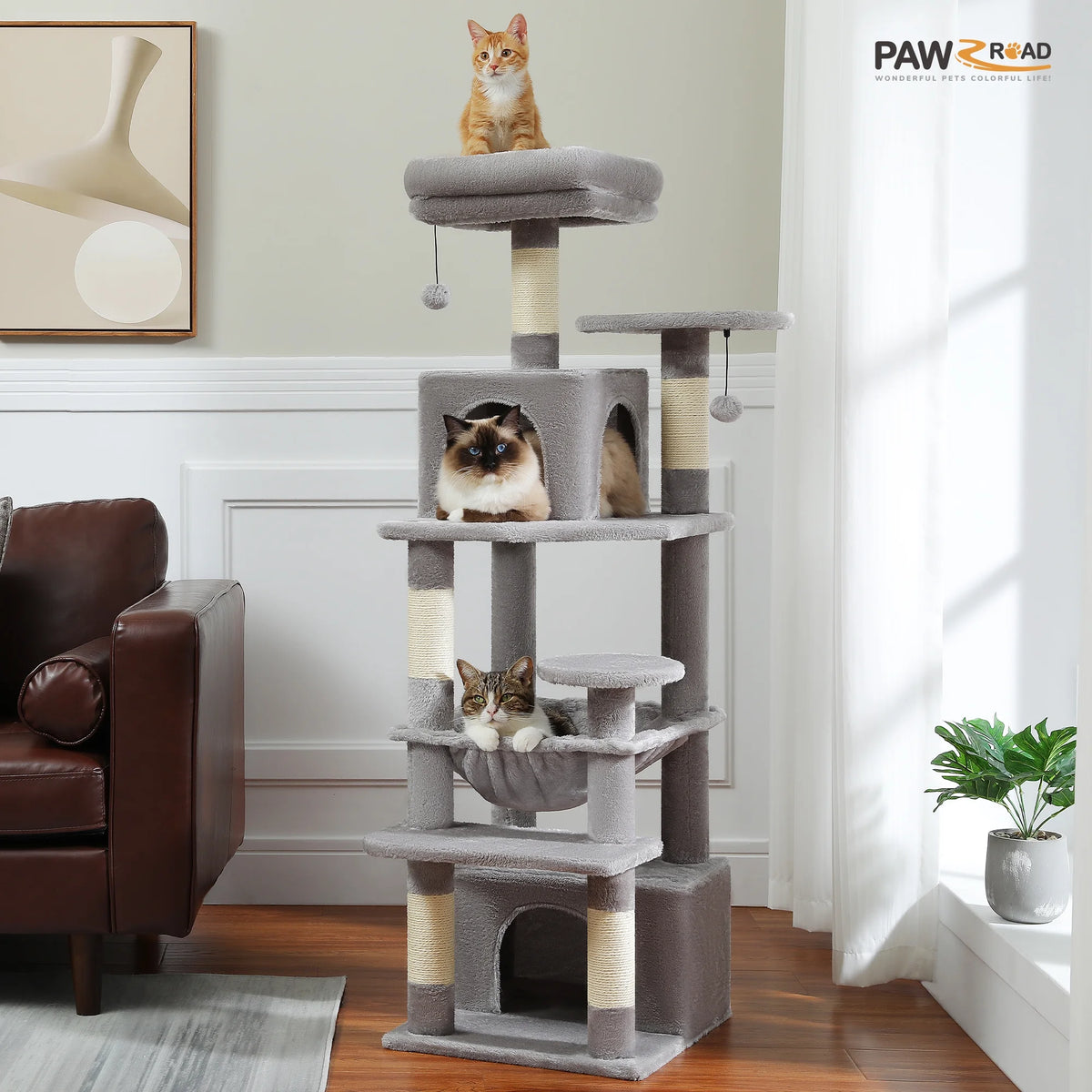 PAWZ Road Cat Tree Tower 54" Multi-Level Cat Condo with 5 Scratching Posts for Indoor Small Cats, Gray