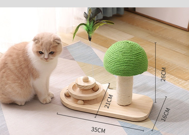 Interactive Mushroom Cat Scratching Post with Ball Track | Wooden Sisal Cat Toy