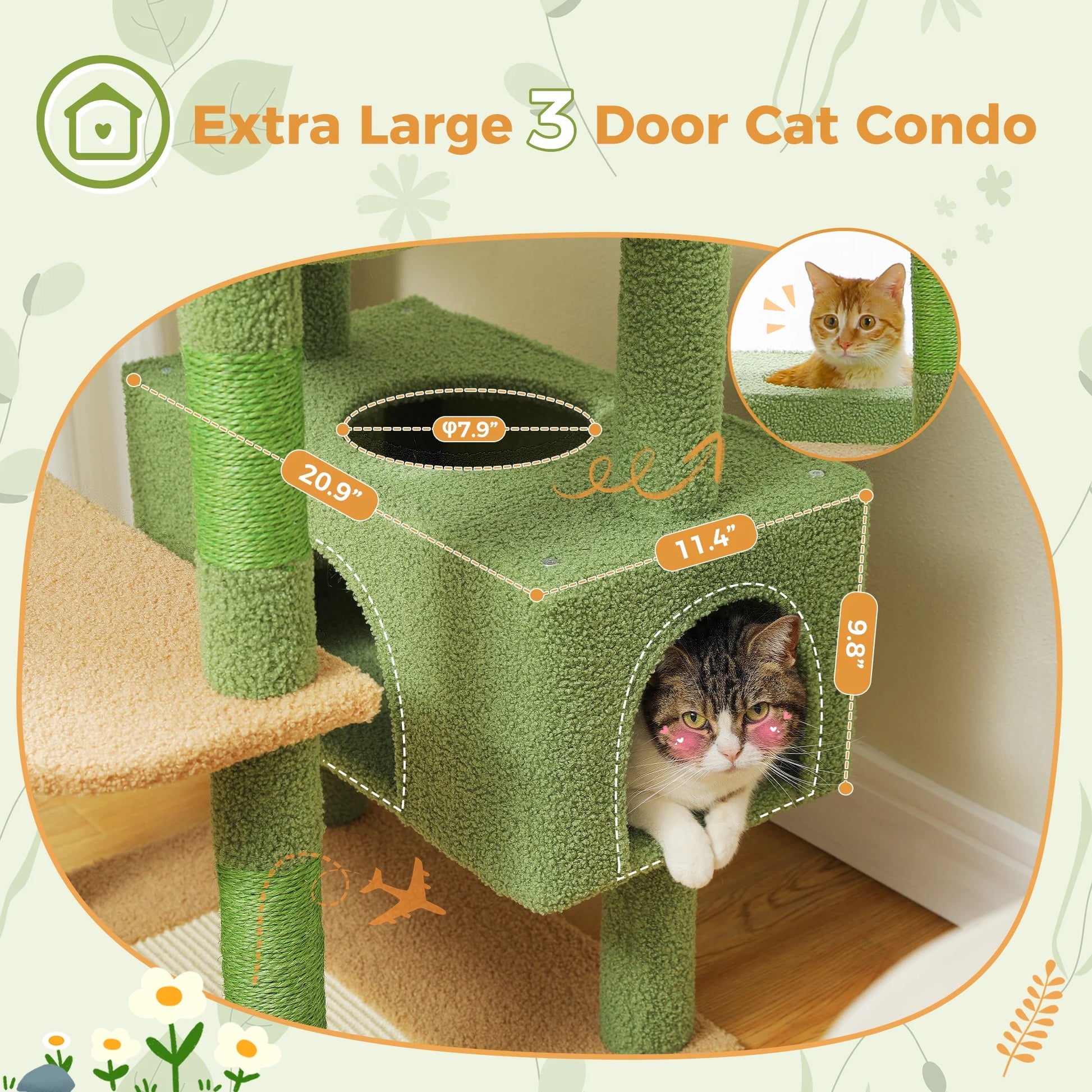 PAWZ Road 73"Cat Tree for Large Cats Multi Level Play Tower Condo 7 Sisal Cat Scratching Posts,Green