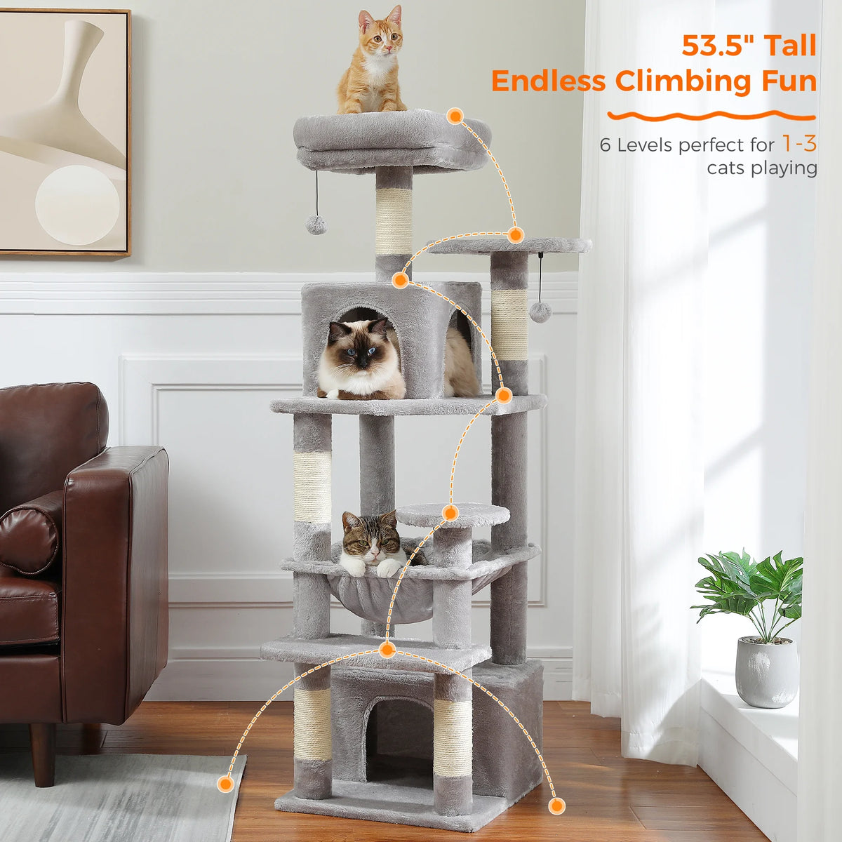 PAWZ Road Cat Tree Tower 54" Multi-Level Cat Condo with 5 Scratching Posts for Indoor Small Cats, Gray