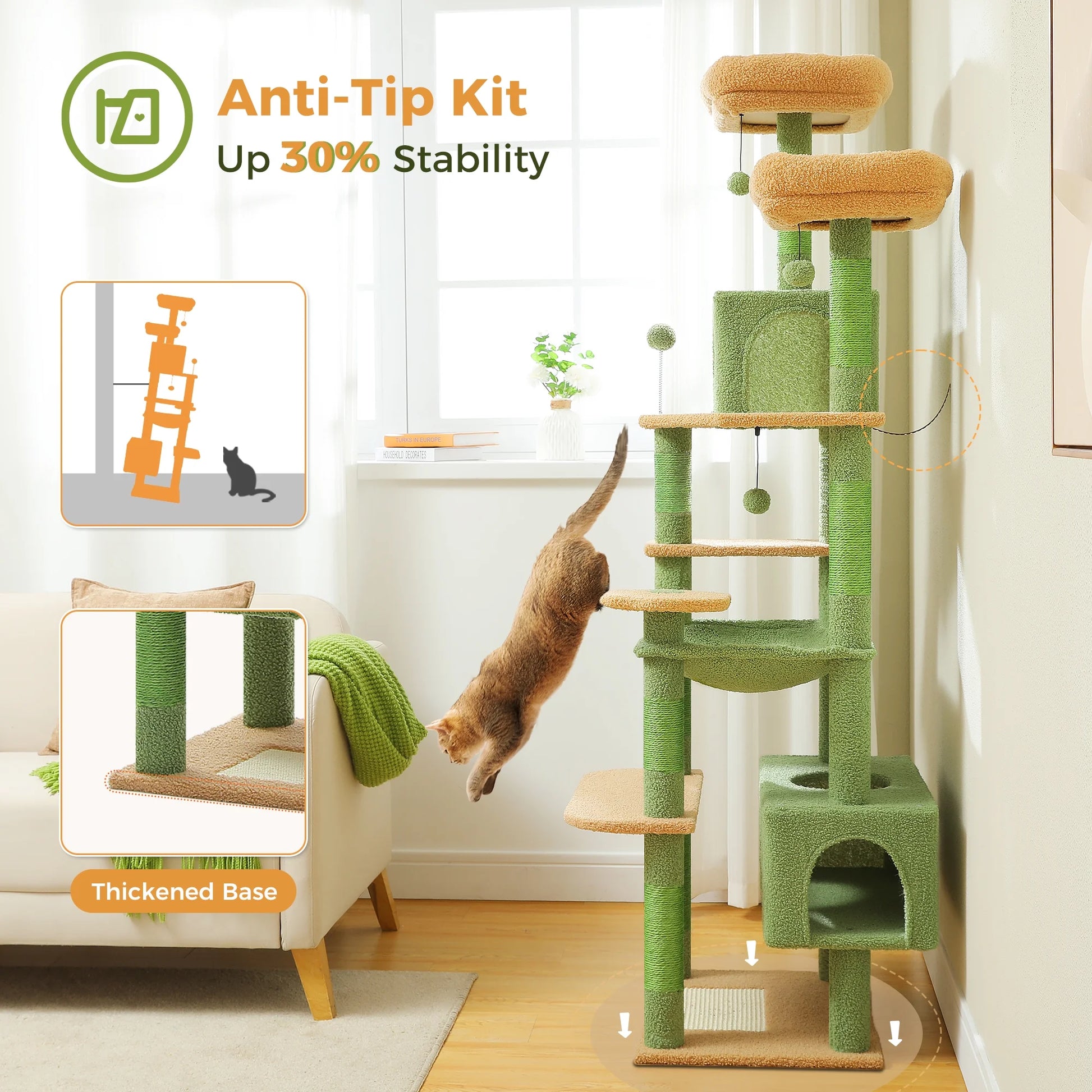 PAWZ Road 73"Cat Tree for Large Cats Multi Level Play Tower Condo 7 Sisal Cat Scratching Posts,Green