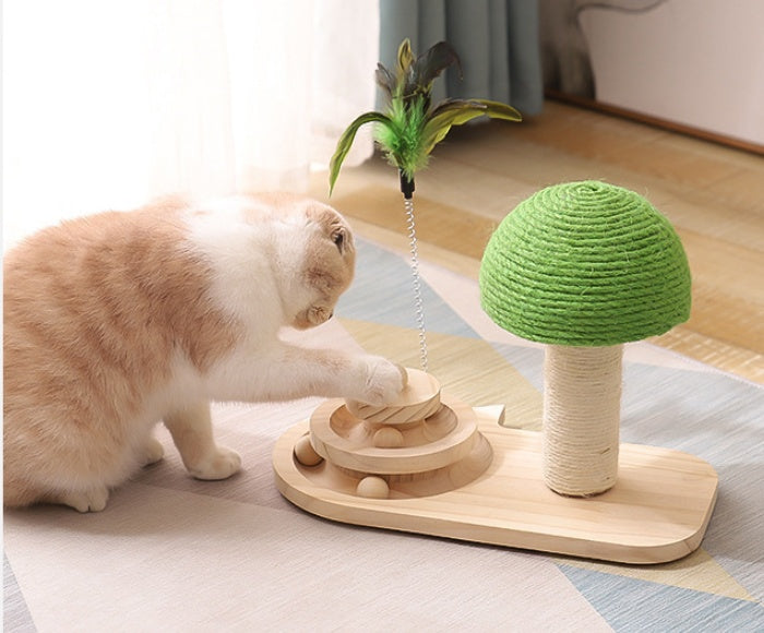 Interactive Mushroom Cat Scratching Post with Ball Track | Wooden Sisal Cat Toy