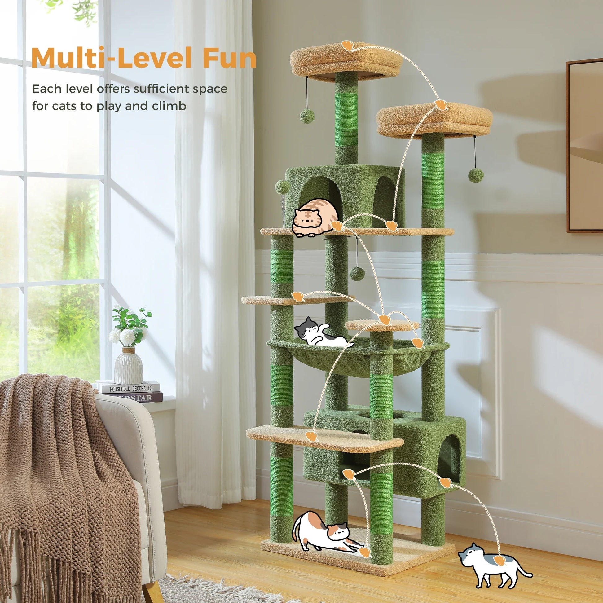 PAWZ Road 73"Cat Tree for Large Cats Multi Level Play Tower Condo 7 Sisal Cat Scratching Posts,Green