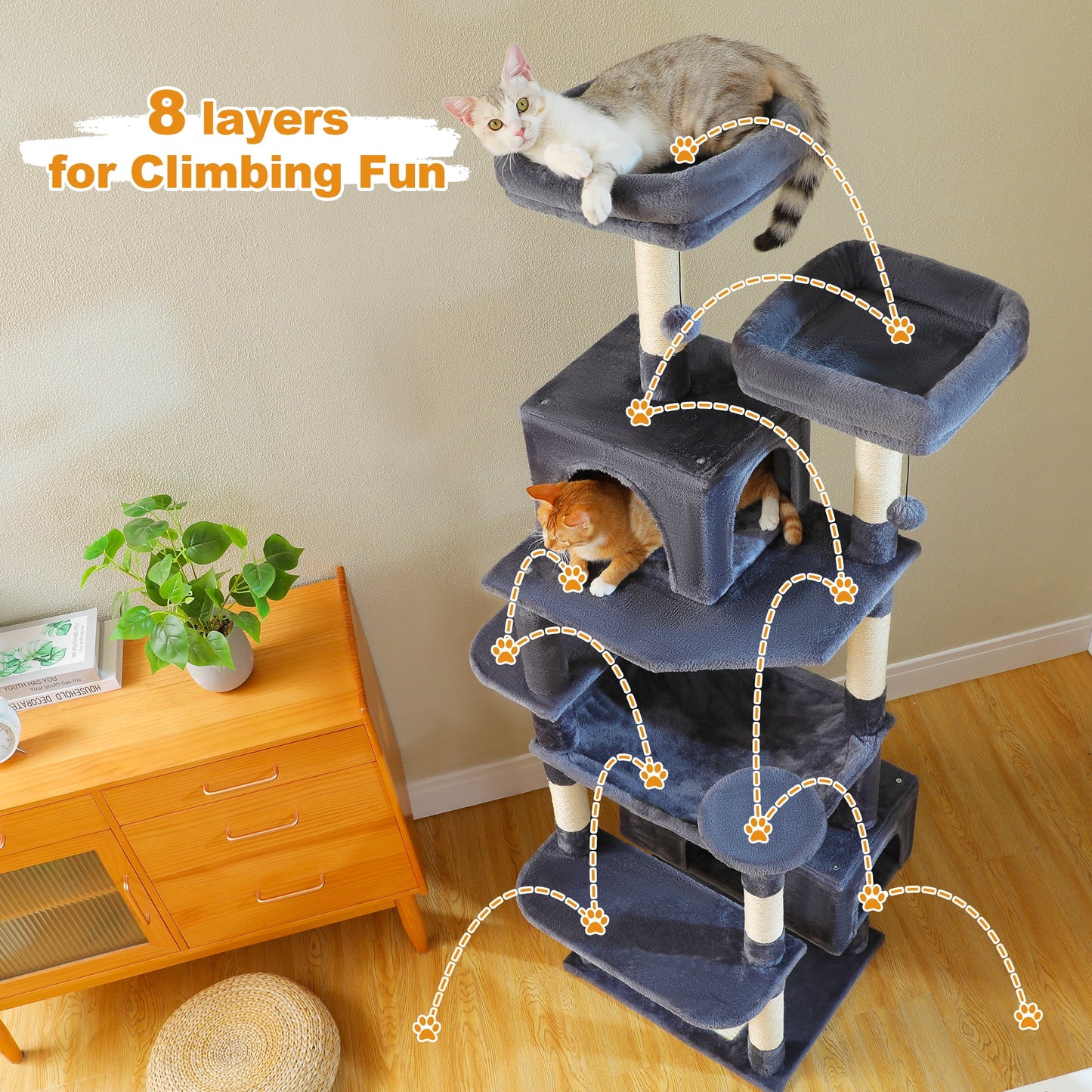 PAWZ Road 73"Cat Tree for Large Cats Multi Level Play Tower Condo 7 Sisal Cat Scratching Posts,Dark Gray