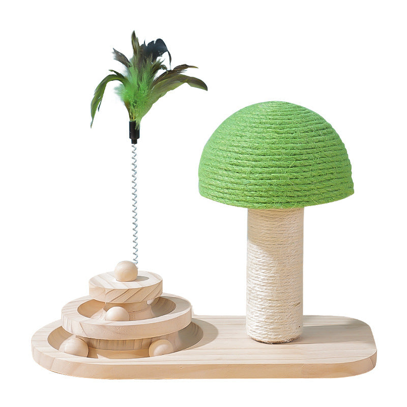 Interactive Mushroom Cat Scratching Post with Ball Track | Wooden Sisal Cat Toy
