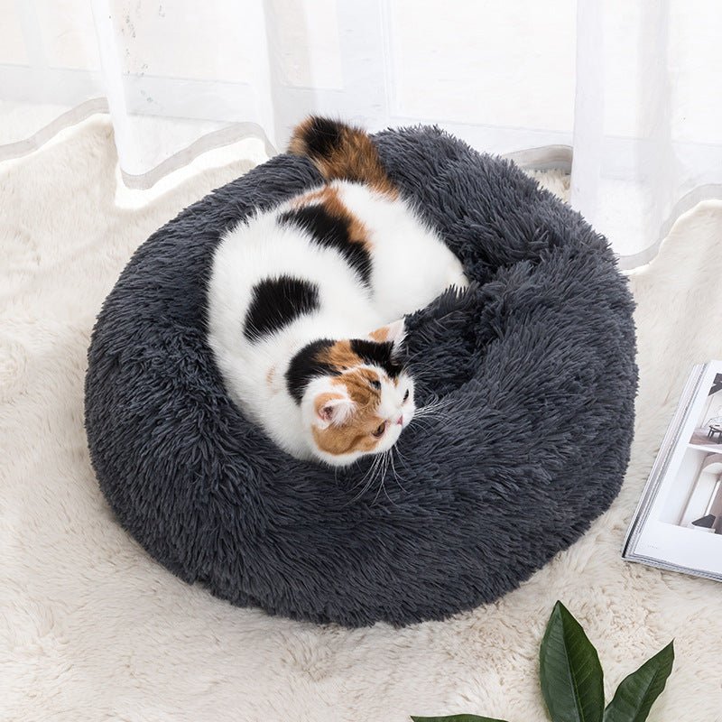 Calming Donut Pet Bed for Cats & Small Dogs | Ultra-Soft Plush Round Bed