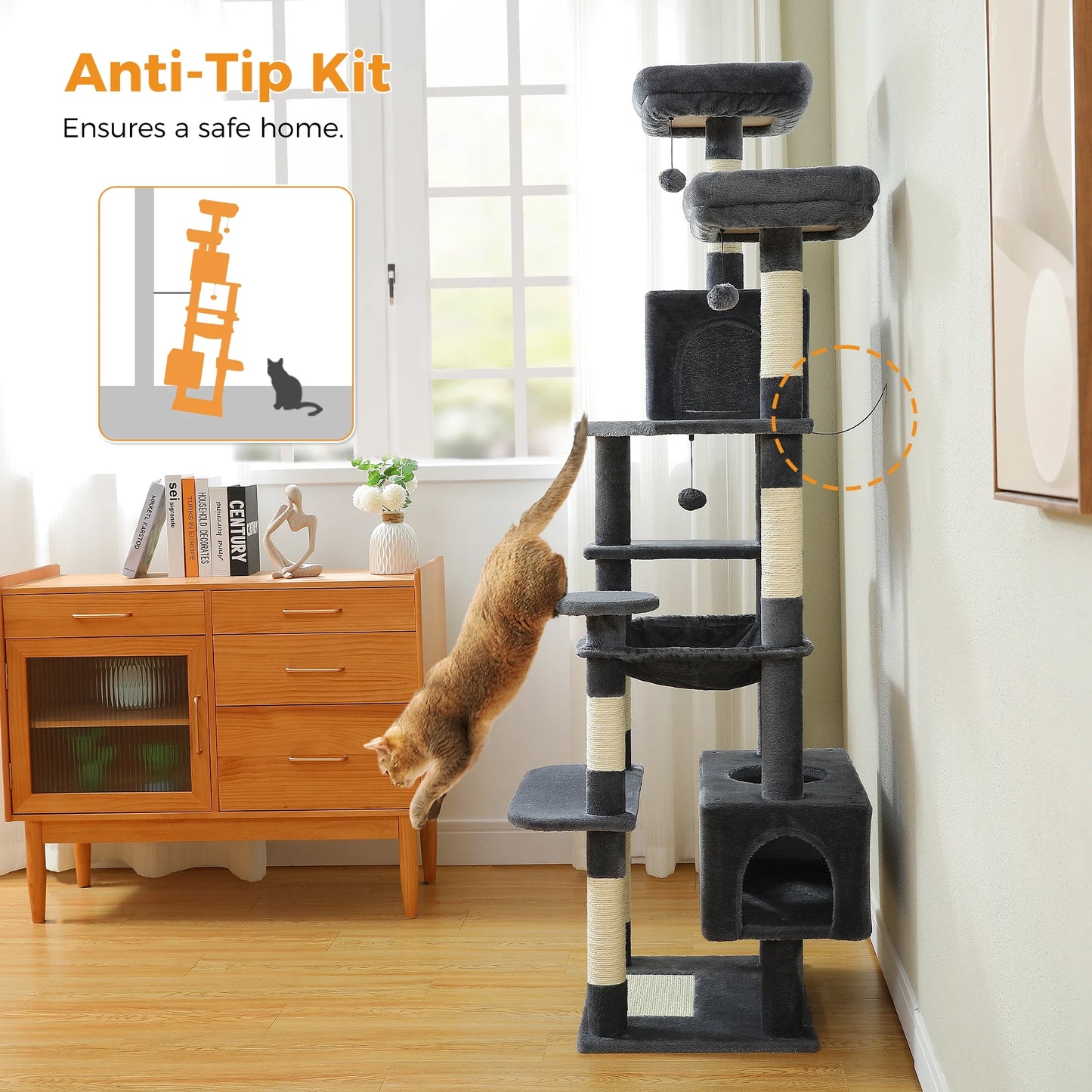 PAWZ Road 73"Cat Tree for Large Cats Multi Level Play Tower Condo 7 Sisal Cat Scratching Posts,Dark Gray