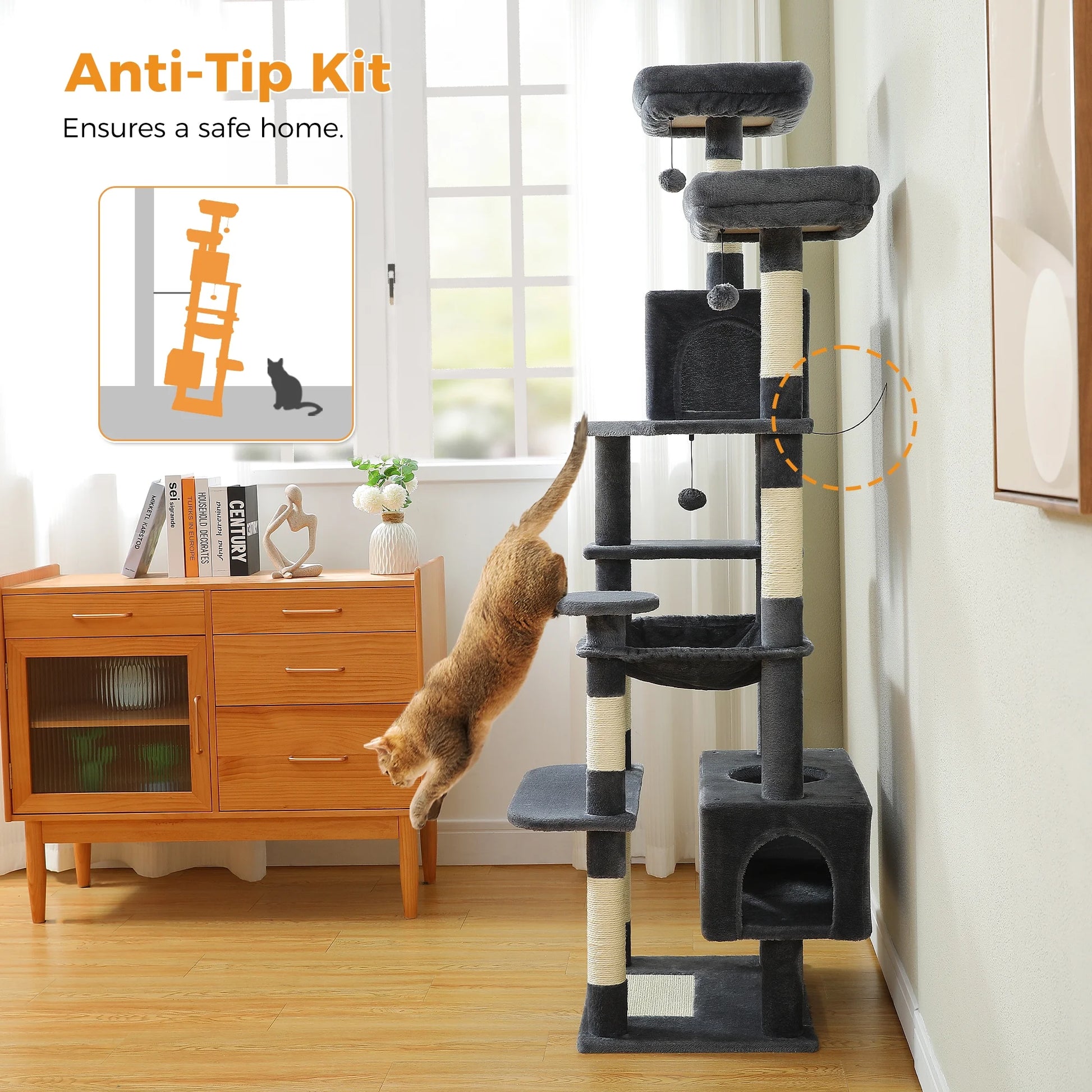 PAWZ Road 73"Cat Tree for Large Cats Multi Level Play Tower Condo 7 Sisal Cat Scratching Posts,Dark Gray