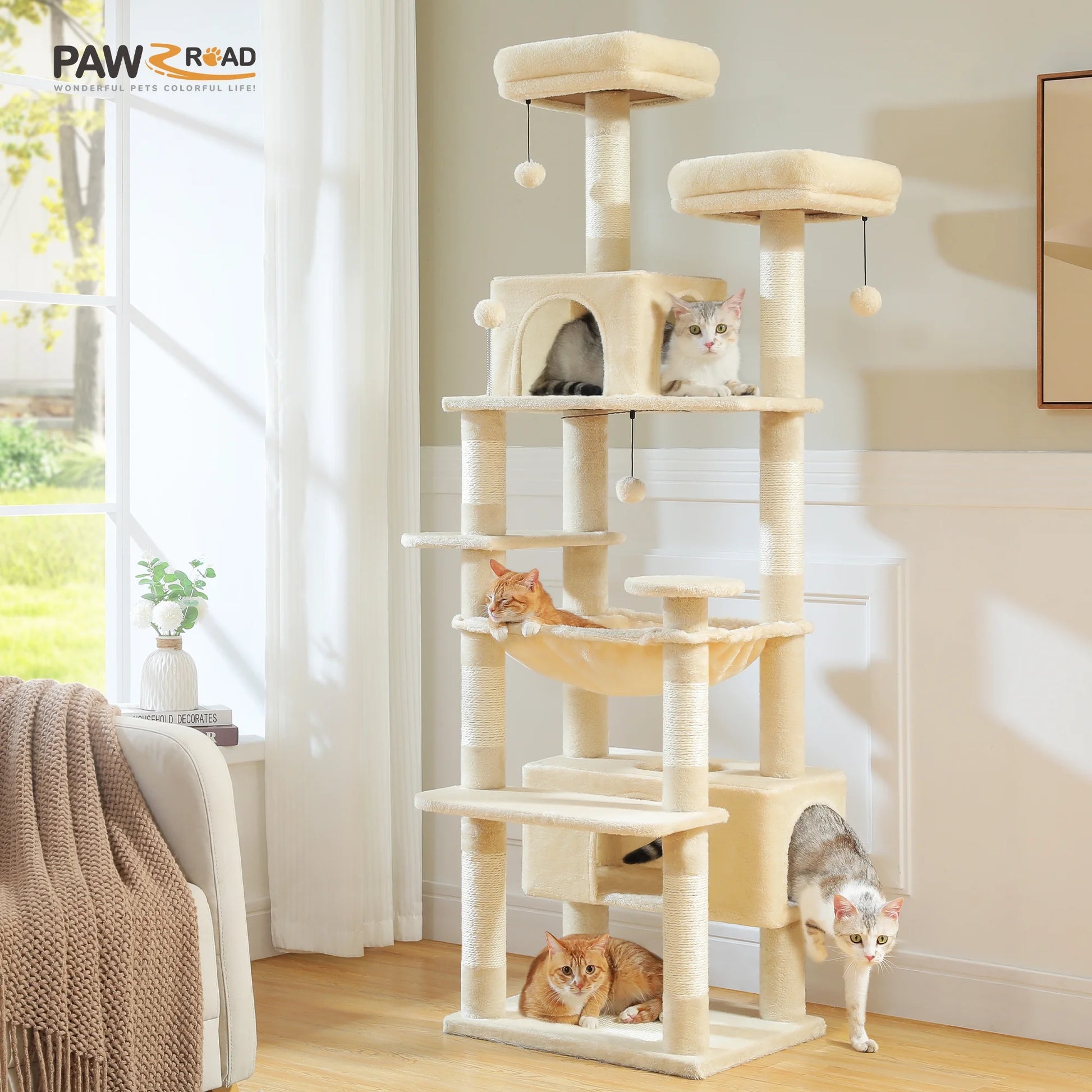 PAWZ Road 73"Cat Tree for Large Cats Multi Level Play Tower Condo 7 Sisal Cat Scratching Posts,Green