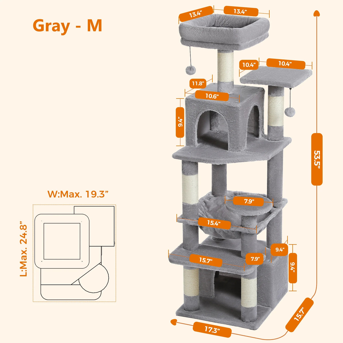 PAWZ Road Cat Tree Tower 54" Multi-Level Cat Condo with 5 Scratching Posts for Indoor Small Cats, Gray