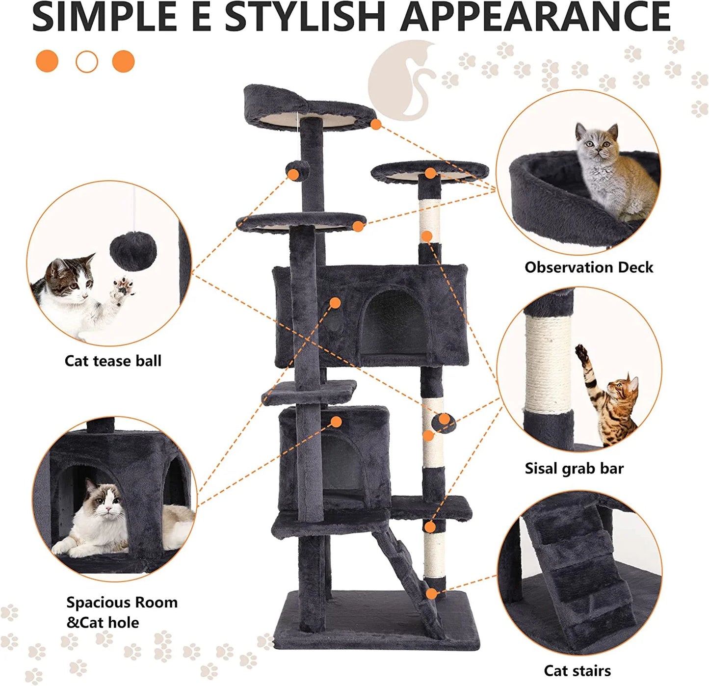 Bestpet 54In Cat Tree Tower with Cat Scratching Posts Stand House Cat Condo with Funny Toys Ashy
