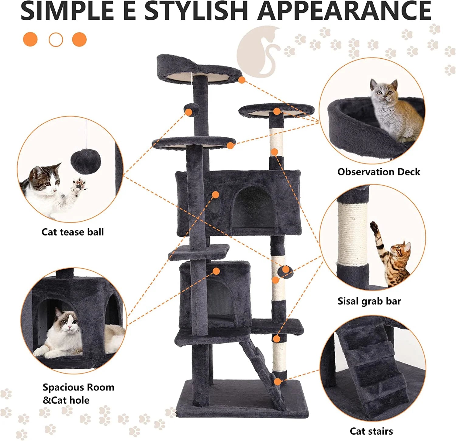 Bestpet 54In Cat Tree Tower with Cat Scratching Posts Stand House Cat Condo with Funny Toys Ashy