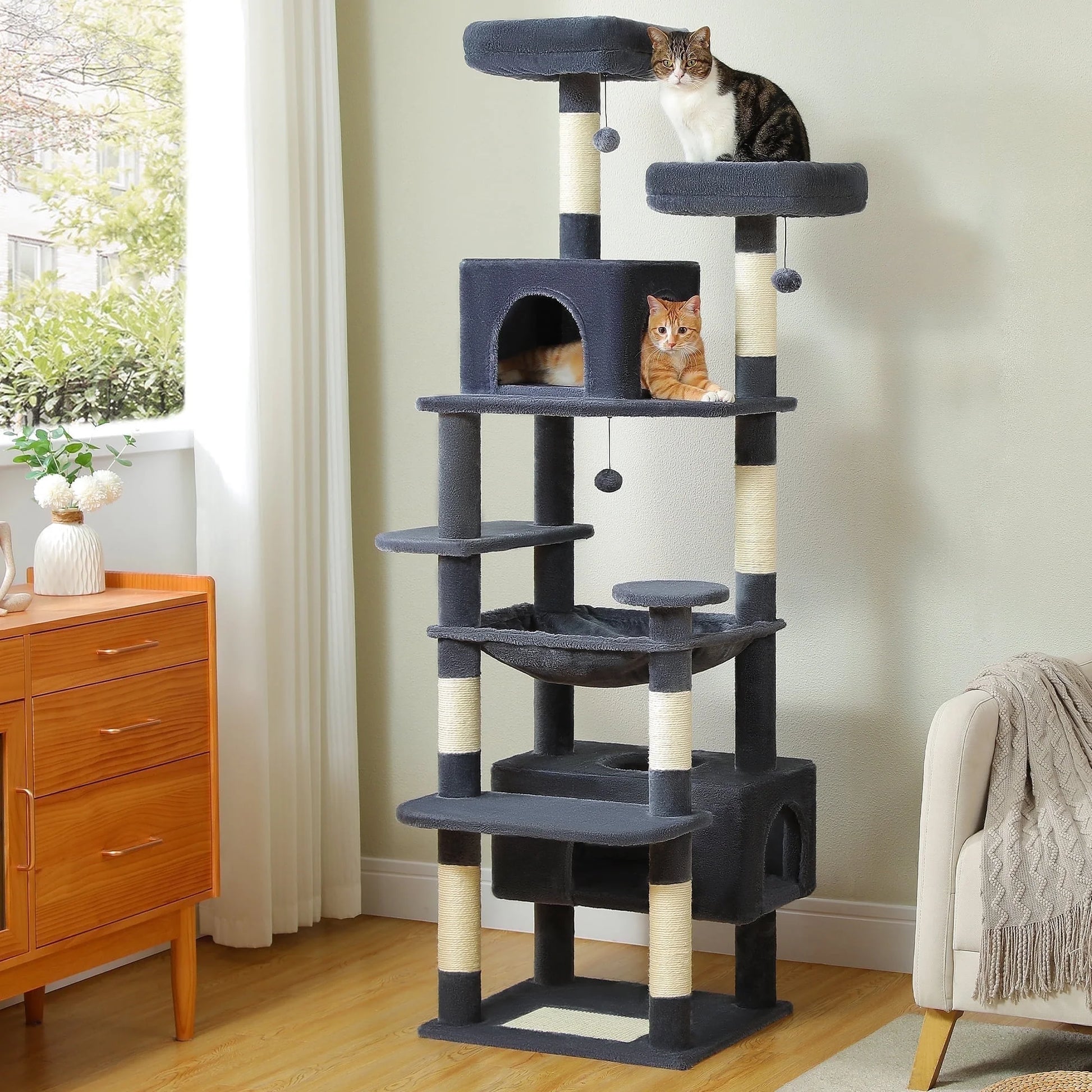 PAWZ Road 73"Cat Tree for Large Cats Multi Level Play Tower Condo 7 Sisal Cat Scratching Posts,Green