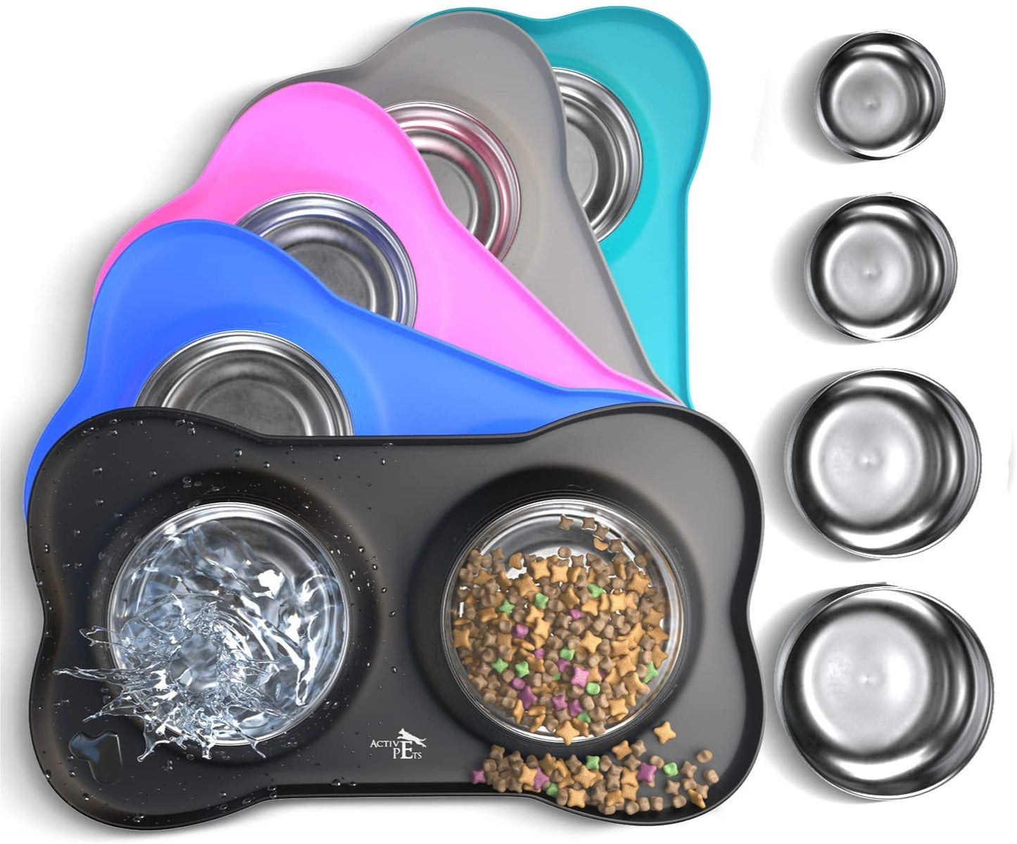 Active Pets Dog Bowl Set, Stainless Steel No Spill Mess-Proof Food & Water Food Bowls with Skid Resistant Silicone Mat, Dog Bowls Small Size Dog, Medium, & Large, Pet Puppy Bowls & Dishes
