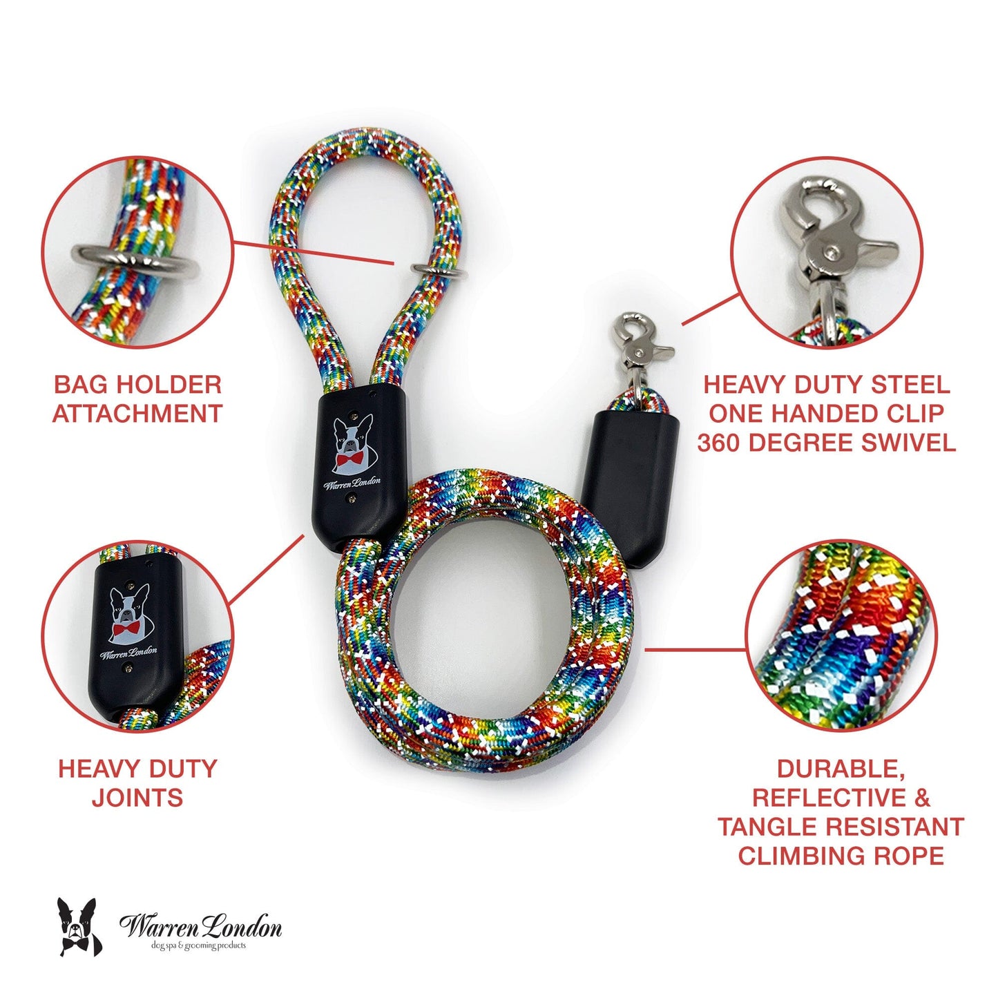 Rope Leash - Rainbow Reflective