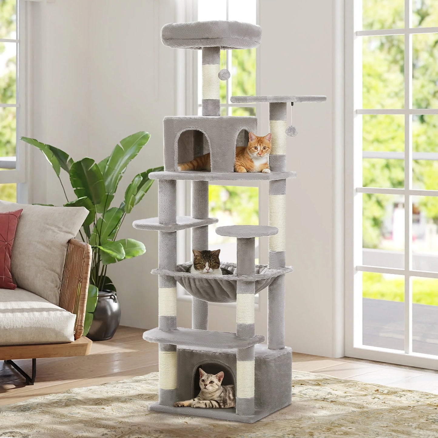 PAWZ Road 73"Cat Tree for Large Cats Multi Level Play Tower Condo 7 Sisal Cat Scratching Posts,Dark Gray