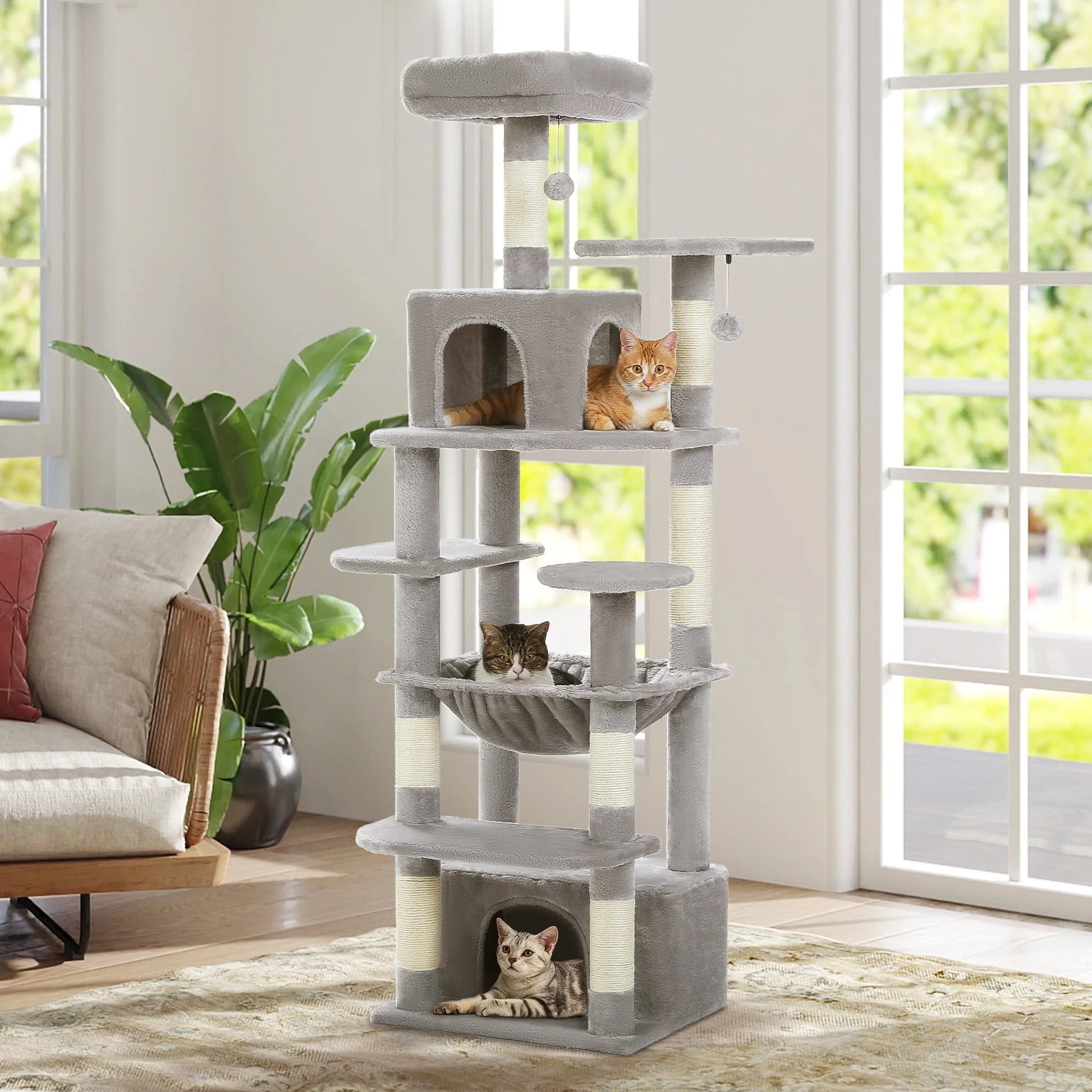 PAWZ Road 73"Cat Tree for Large Cats Multi Level Play Tower Condo 7 Sisal Cat Scratching Posts,Green