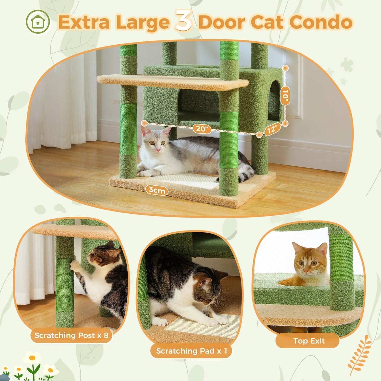 PAWZ Road 73"Cat Tree for Large Cats Multi Level Play Tower Condo 7 Sisal Cat Scratching Posts,Green