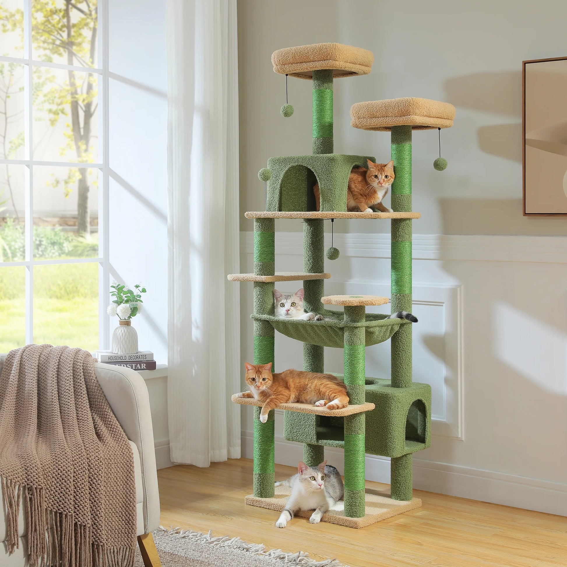 PAWZ Road 73"Cat Tree for Large Cats Multi Level Play Tower Condo 7 Sisal Cat Scratching Posts,Green