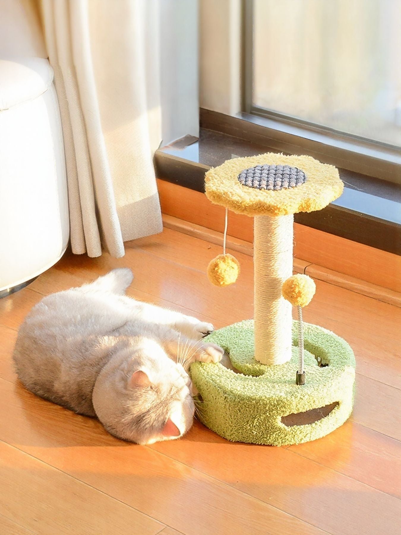 Interactive Cat Scratching Post with Hanging Balls | Wooden Sisal Scratch Tower for Indoor Cats