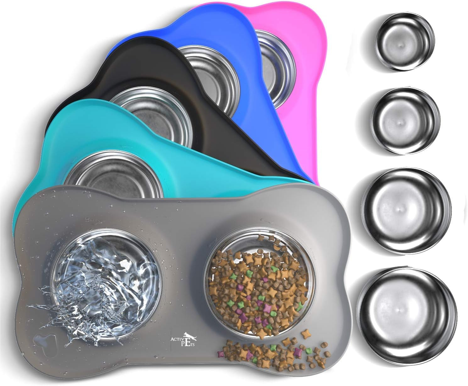 Active Pets Dog Bowl Set, Stainless Steel No Spill Mess-Proof Food & Water Food Bowls with Skid Resistant Silicone Mat, Dog Bowls Small Size Dog, Medium, & Large, Pet Puppy Bowls & Dishes