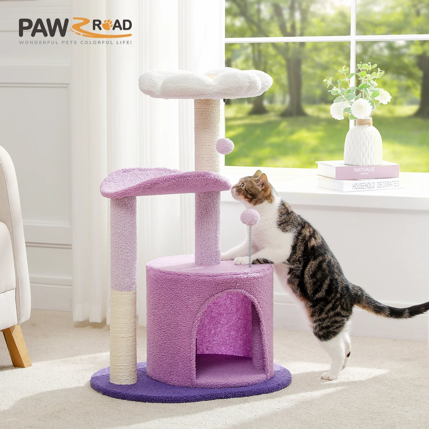 PAWZ Road 32" Flower Cat Tree Tower with Cat Scratching Posts Perch for Indoor Small Cats, Purple