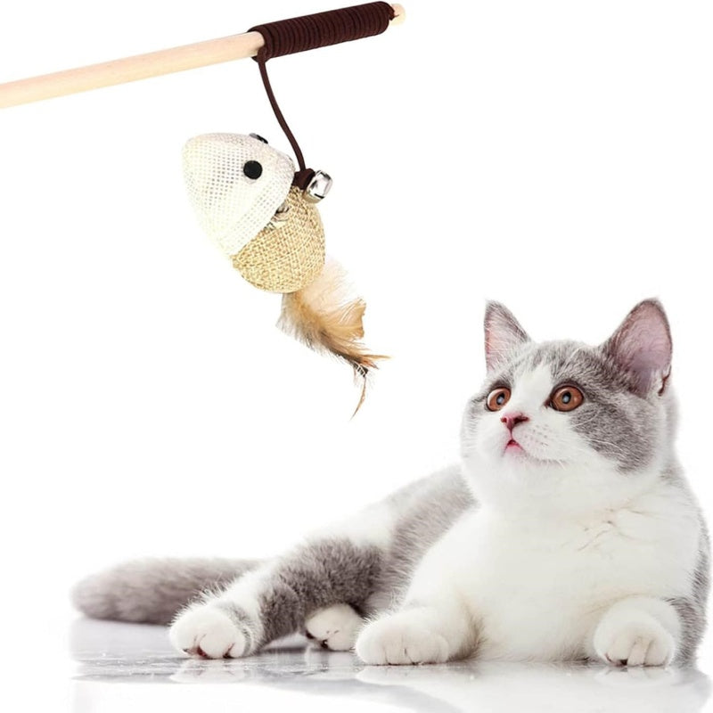 Interactive Feather Cat Wand Toy | Wooden Teaser Stick for Indoor Cats & Kittens