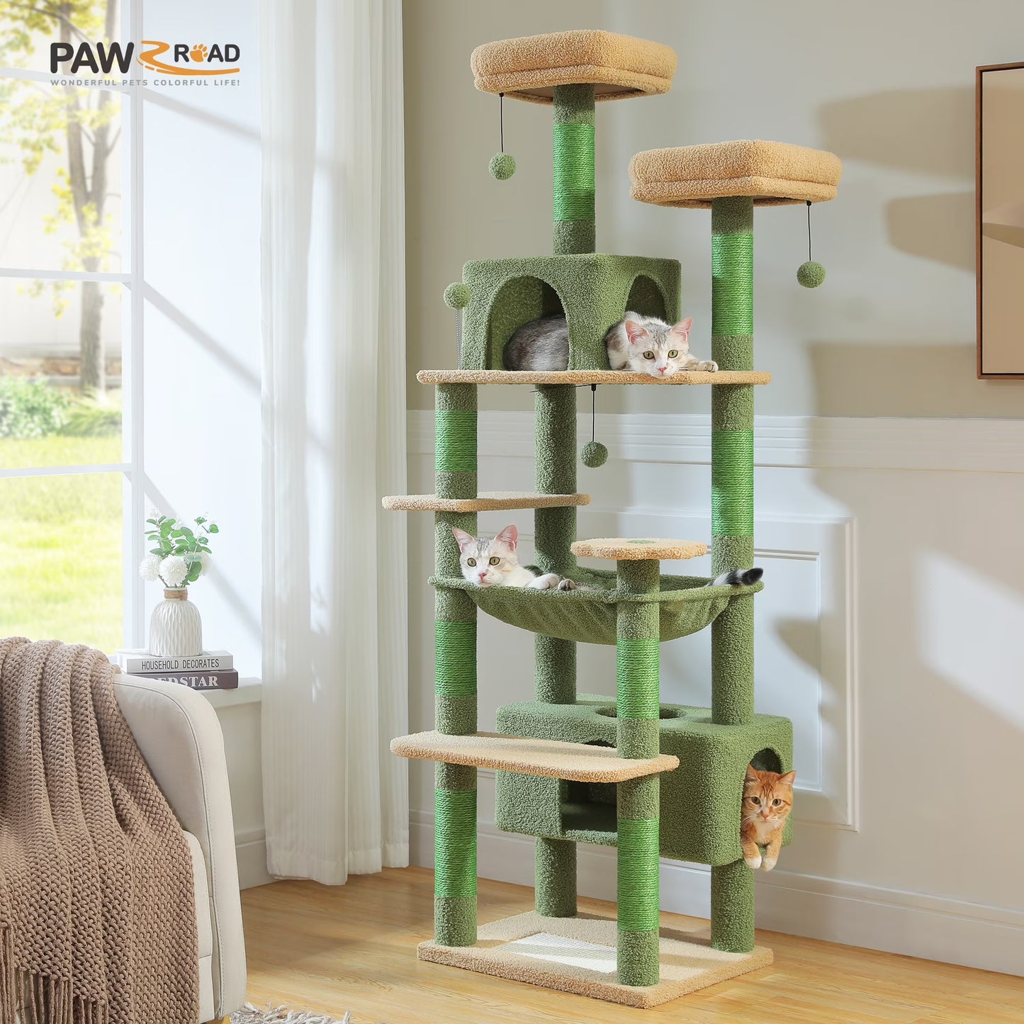 PAWZ Road 73"Cat Tree for Large Cats Multi Level Play Tower Condo 7 Sisal Cat Scratching Posts,Dark Gray