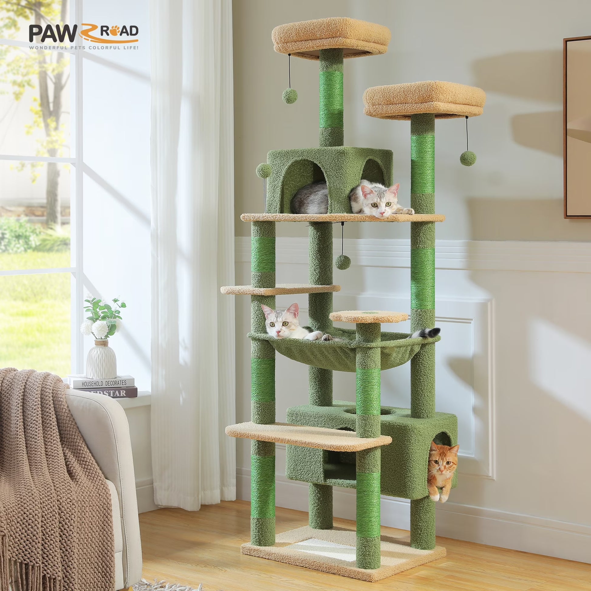 PAWZ Road 73"Cat Tree for Large Cats Multi Level Play Tower Condo 7 Sisal Cat Scratching Posts,Dark Gray
