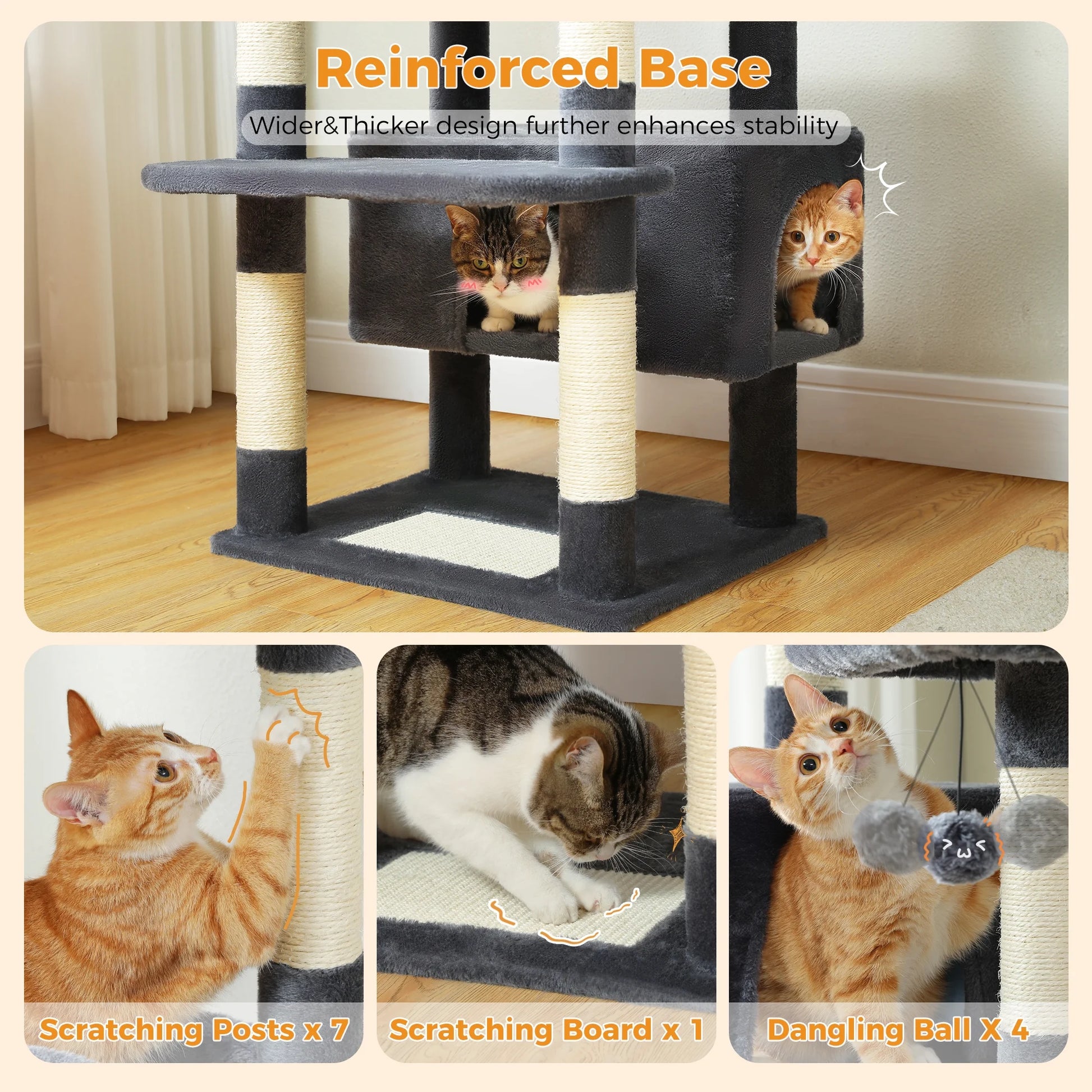 PAWZ Road 73"Cat Tree for Large Cats Multi Level Play Tower Condo 7 Sisal Cat Scratching Posts,Dark Gray