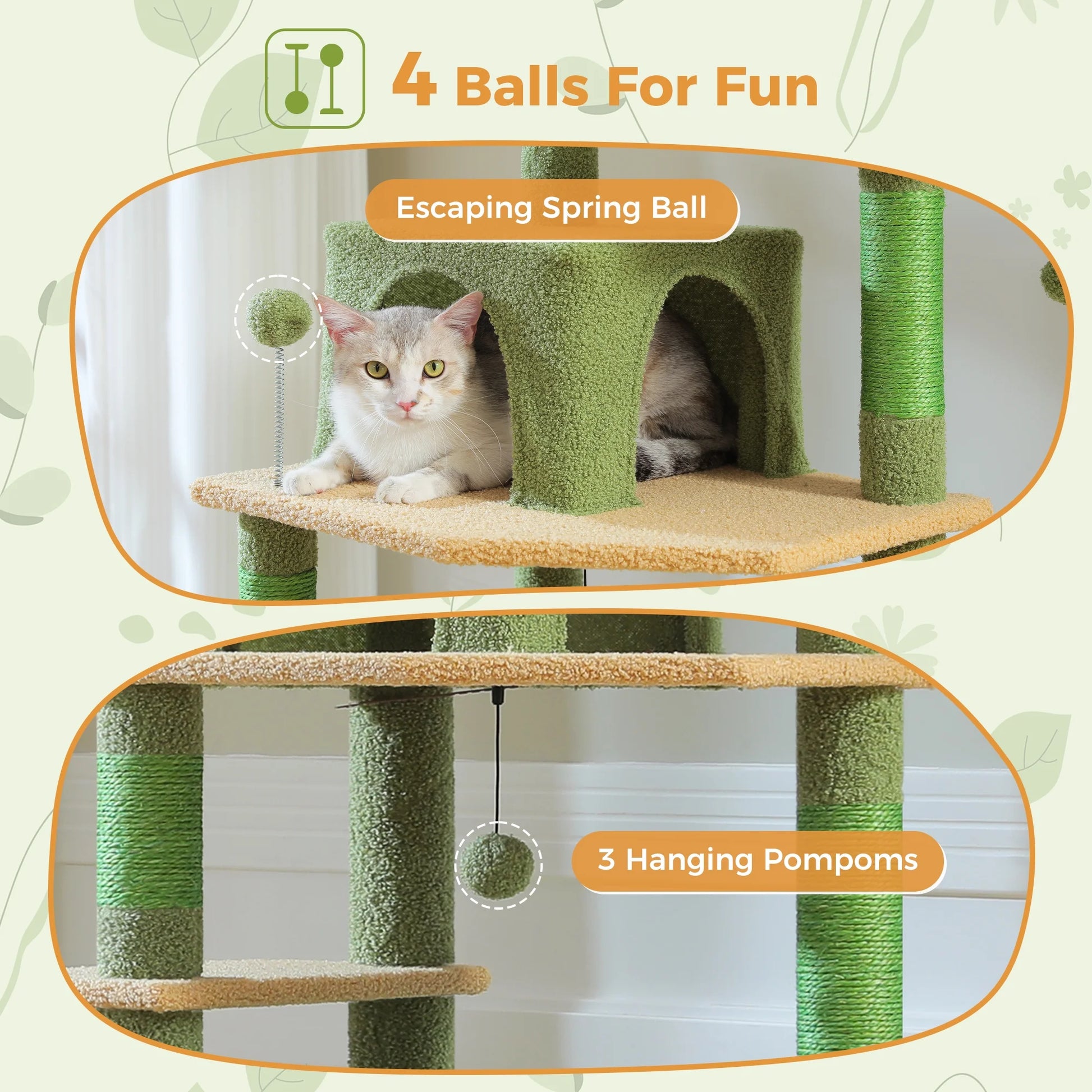 PAWZ Road 73"Cat Tree for Large Cats Multi Level Play Tower Condo 7 Sisal Cat Scratching Posts,Green