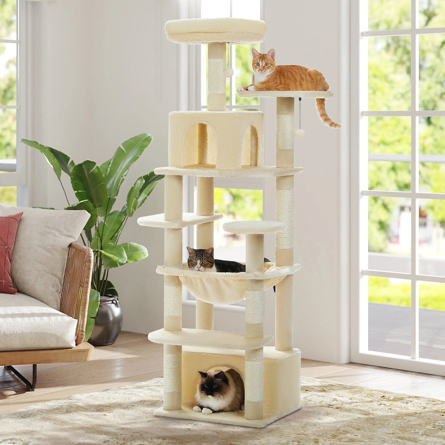 PAWZ Road 73"Cat Tree for Large Cats Multi Level Play Tower Condo 7 Sisal Cat Scratching Posts,Green