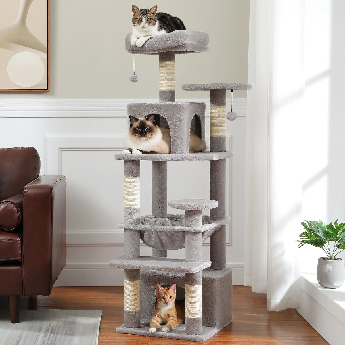 PAWZ Road Cat Tree Tower 54" Multi-Level Cat Condo with 5 Scratching Posts for Indoor Small Cats, Gray