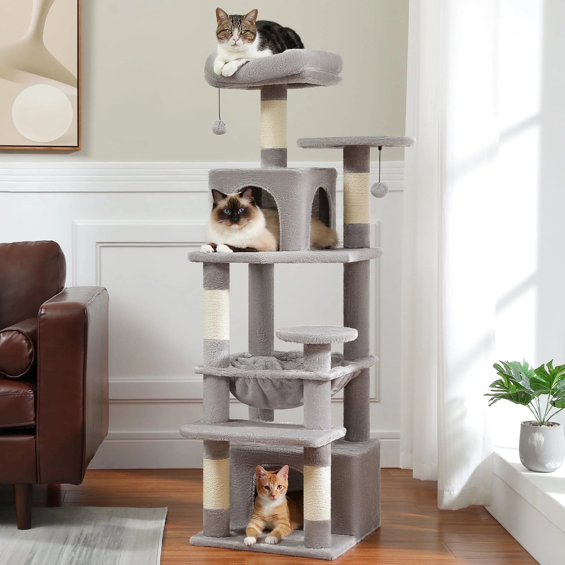 PAWZ Road 73"Cat Tree for Large Cats Multi Level Play Tower Condo 7 Sisal Cat Scratching Posts,Green