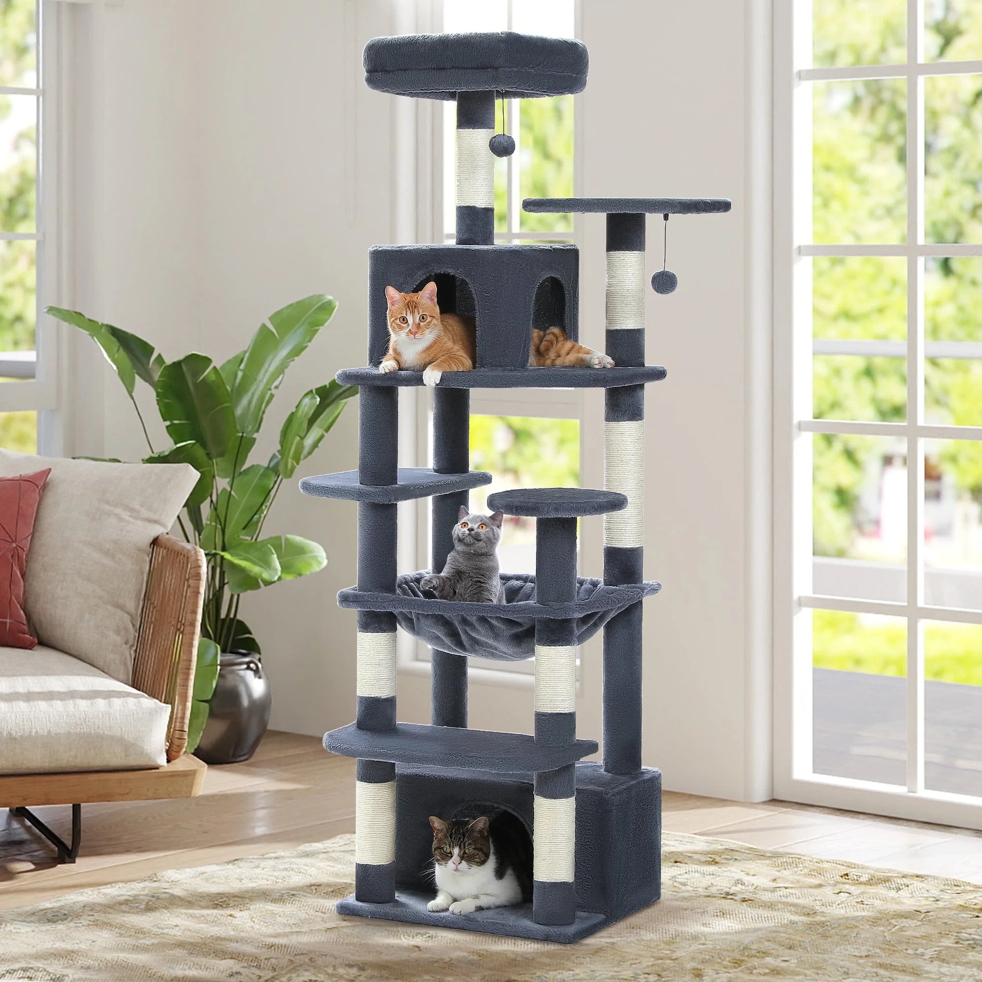 PAWZ Road 73"Cat Tree for Large Cats Multi Level Play Tower Condo 7 Sisal Cat Scratching Posts,Dark Gray